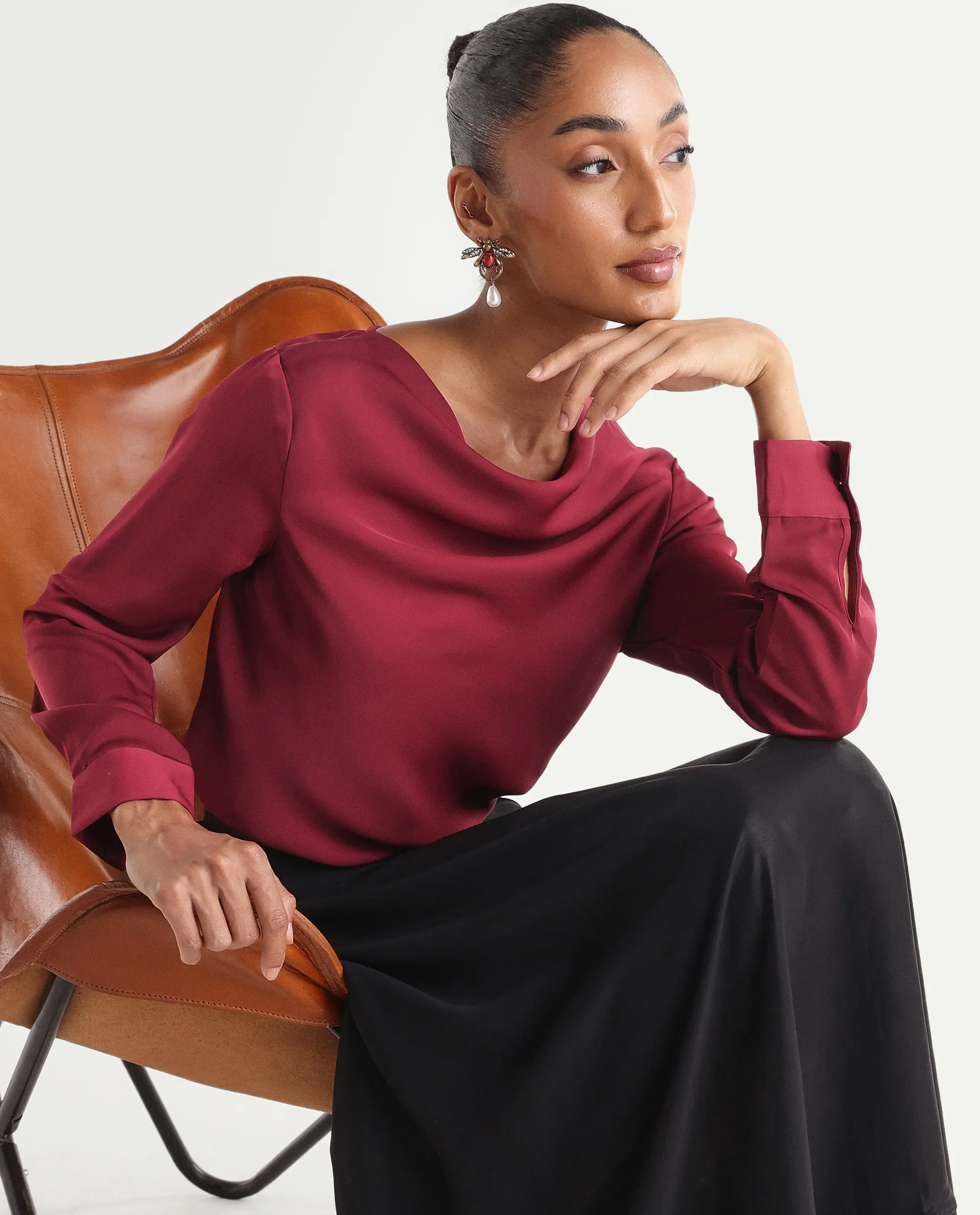 Rareism Women's Avier Dark Red Polyester Full Sleeve Cowl Neck Regular Fit Plain Top - Image 3