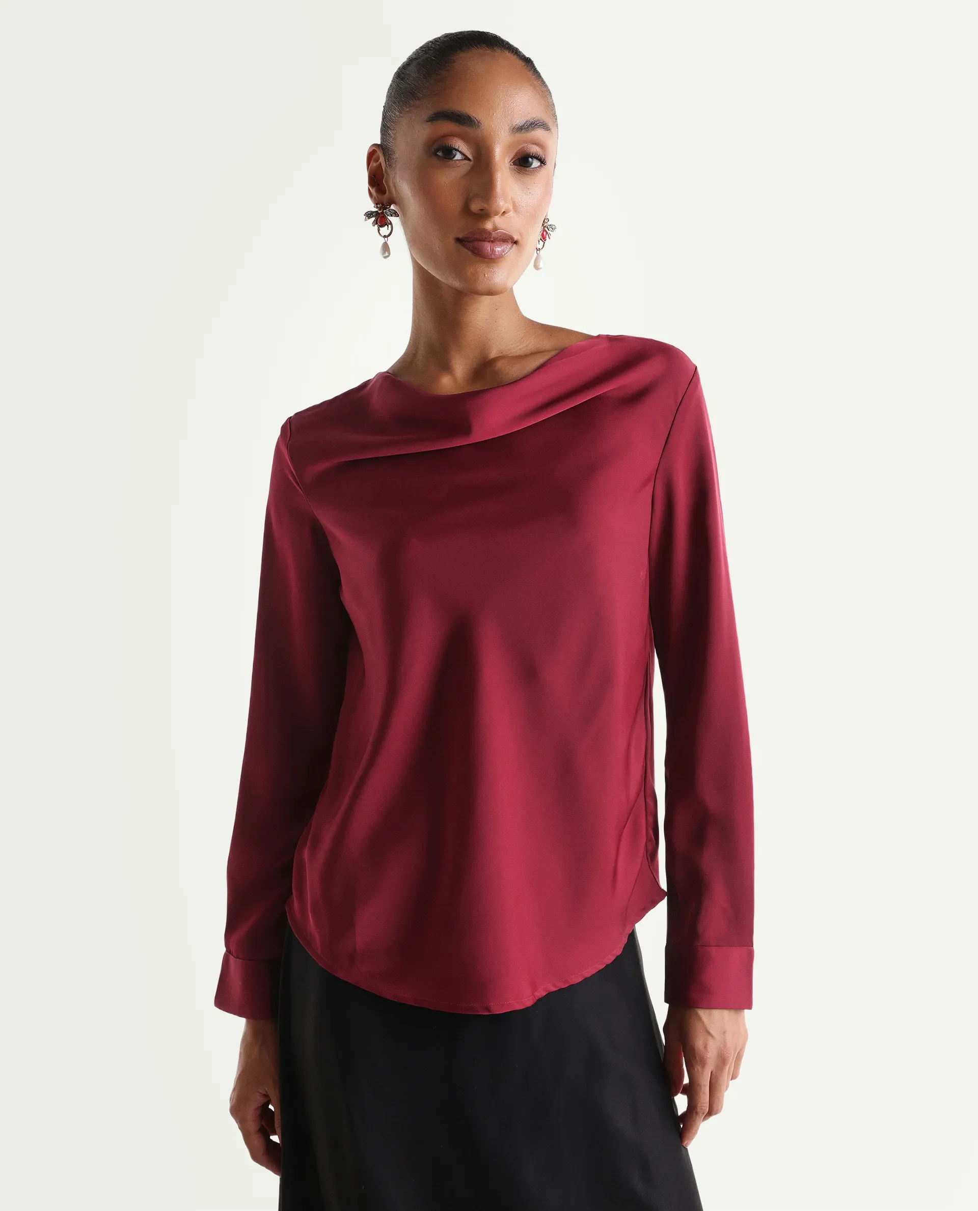 Rareism Women's Avier Dark Red Polyester Full Sleeve Cowl Neck Regular Fit Plain Top - Image 4