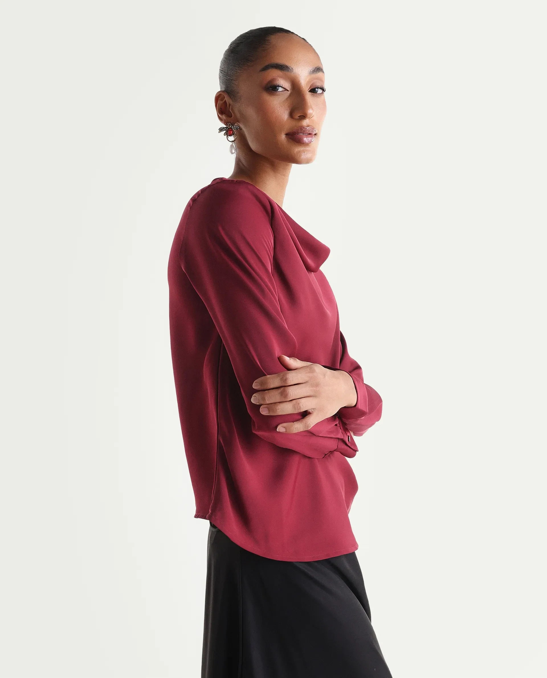 Rareism Women's Avier Dark Red Polyester Full Sleeve Cowl Neck Regular Fit Plain Top - Image 5
