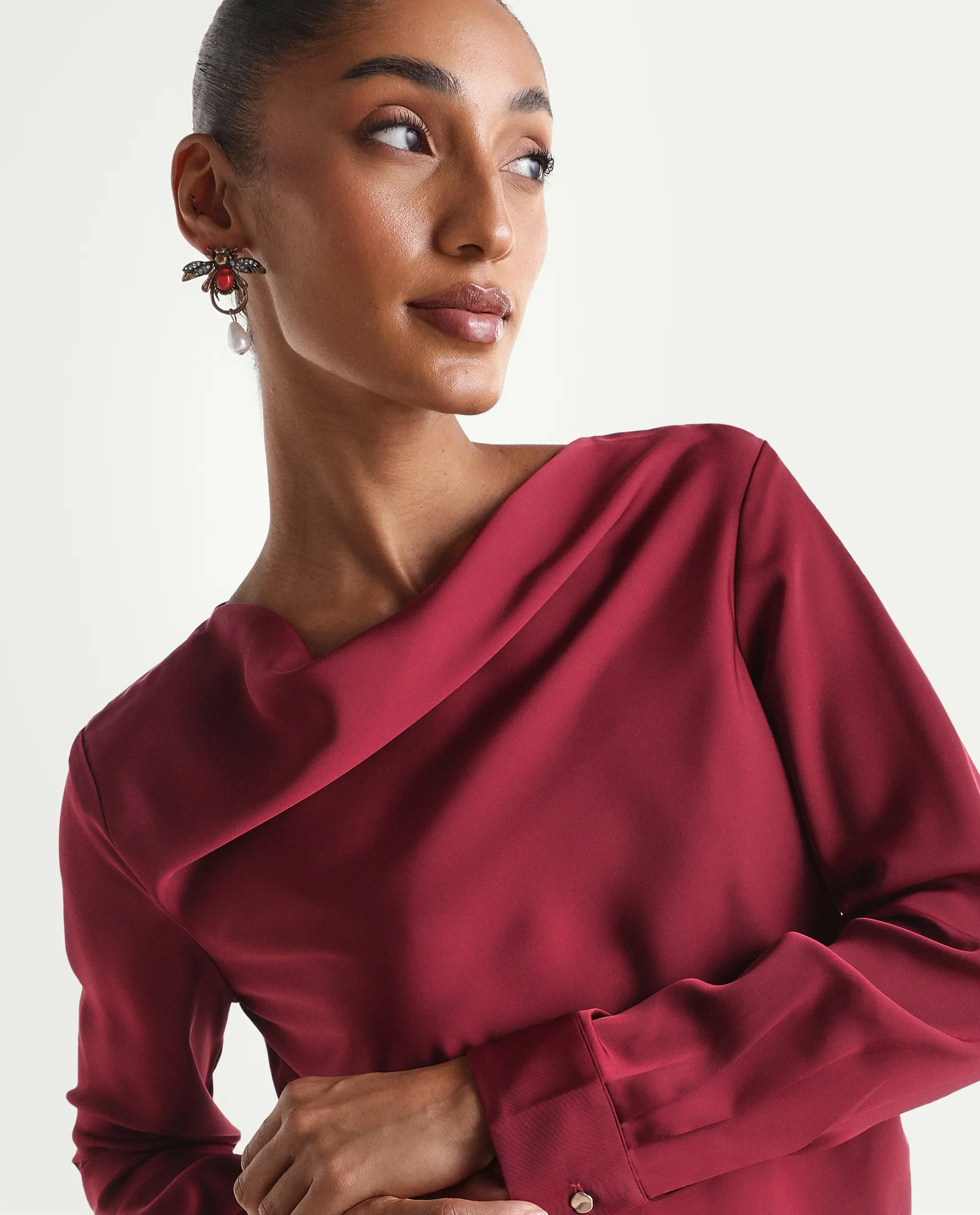 Rareism Women's Avier Dark Red Polyester Full Sleeve Cowl Neck Regular Fit Plain Top - Image 6