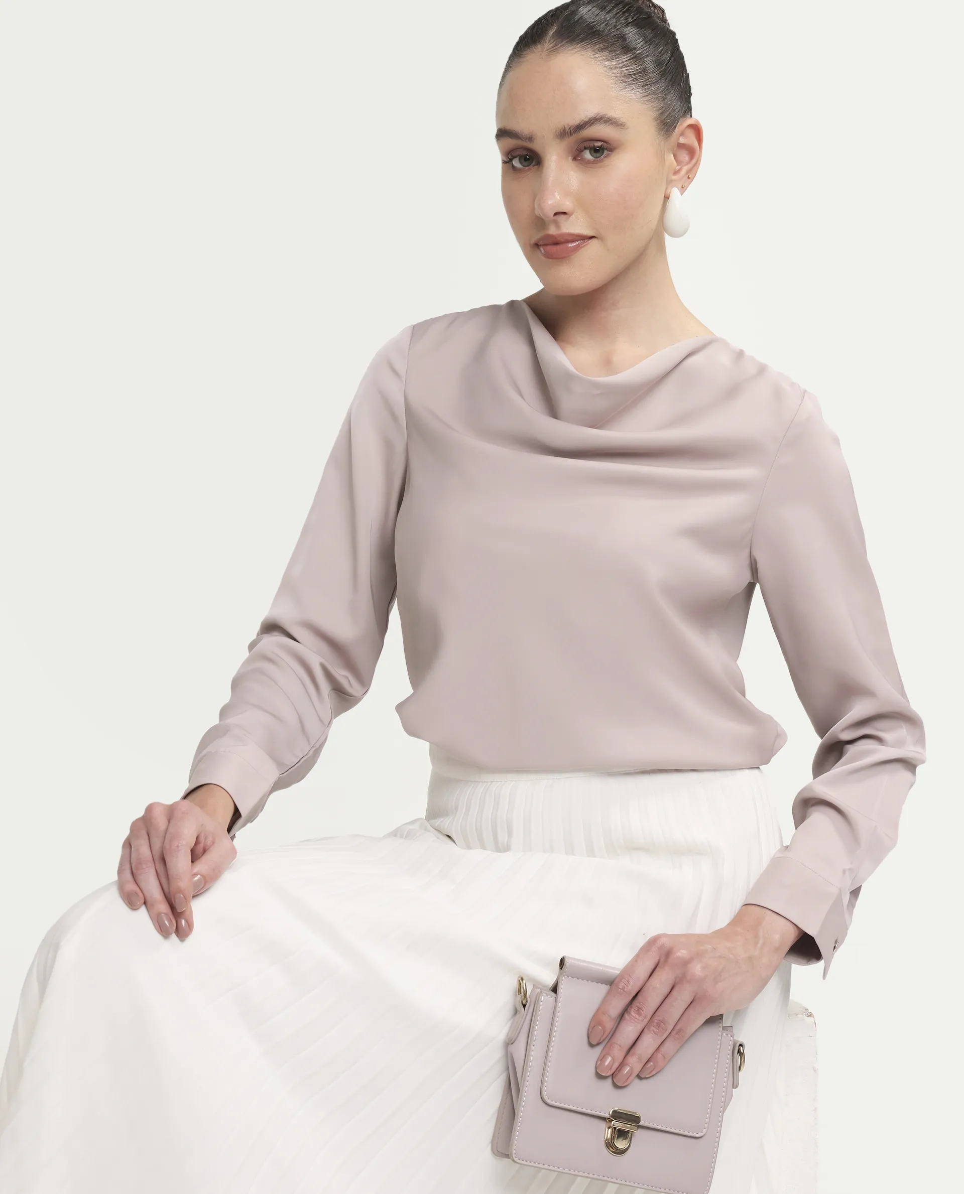 Rareism Women's Avier Dusky Pink Polyester Full Sleeve Cowl Neck Regular Fit Plain Top - Image 4