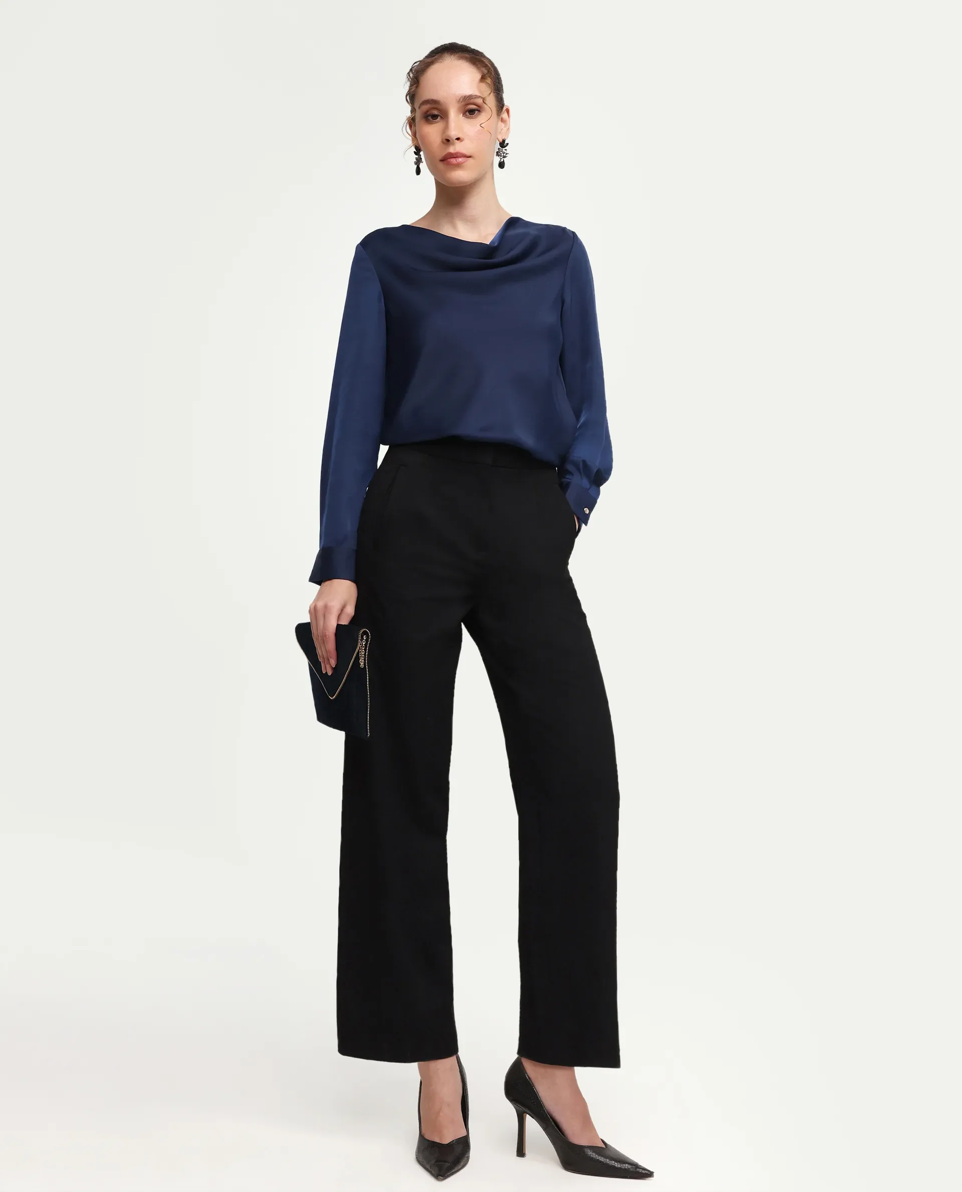 Rareism Women's Avier Navy Polyester Cowl Neck Regular Fit Plain Top - Image 2