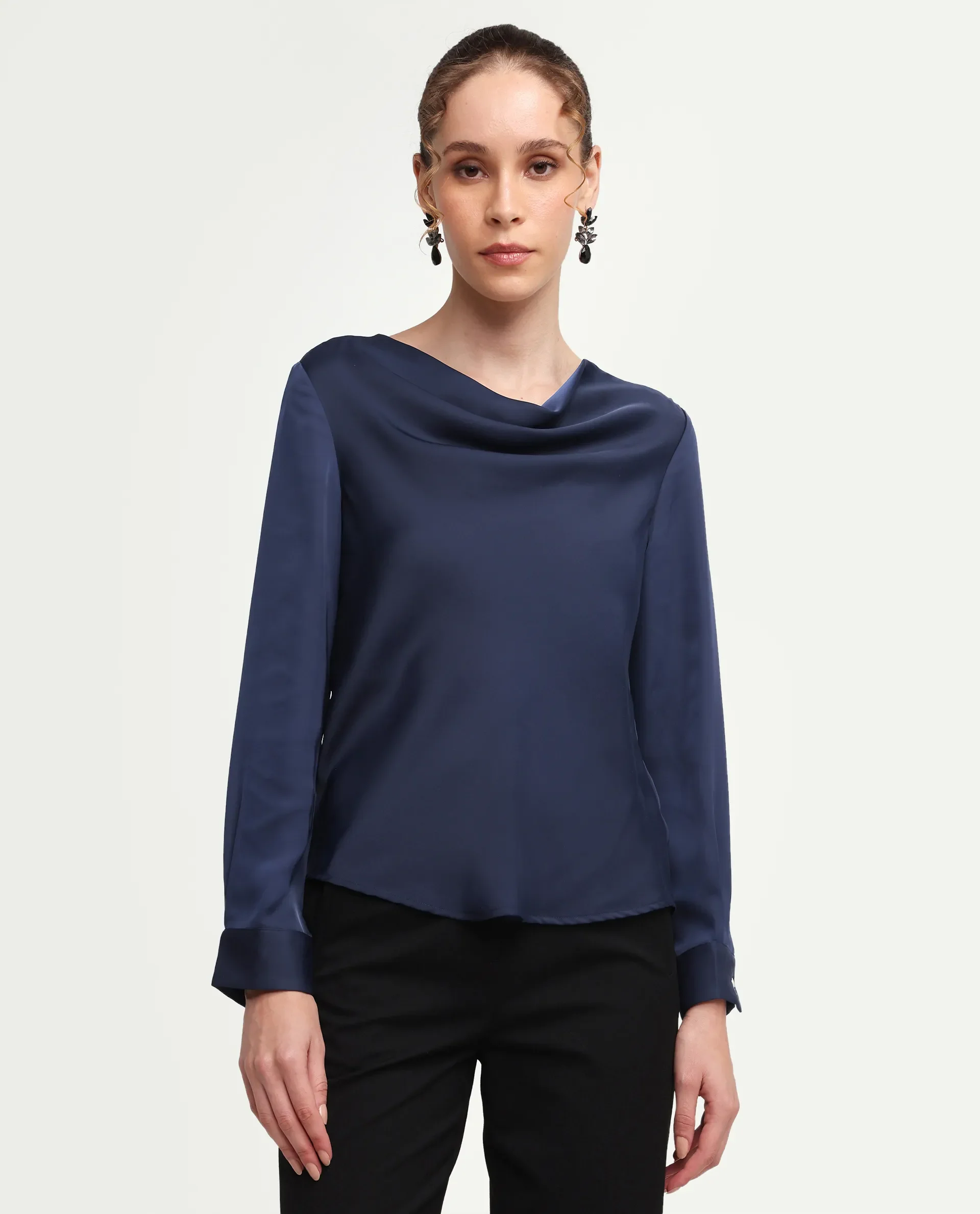 Rareism Women's Avier Navy Polyester Cowl Neck Regular Fit Plain Top - Image 3