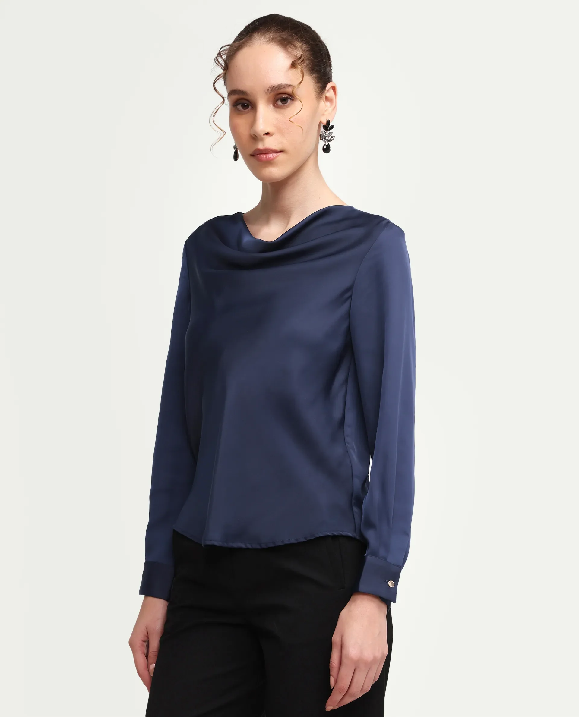 Rareism Women's Avier Navy Polyester Cowl Neck Regular Fit Plain Top - Image 5