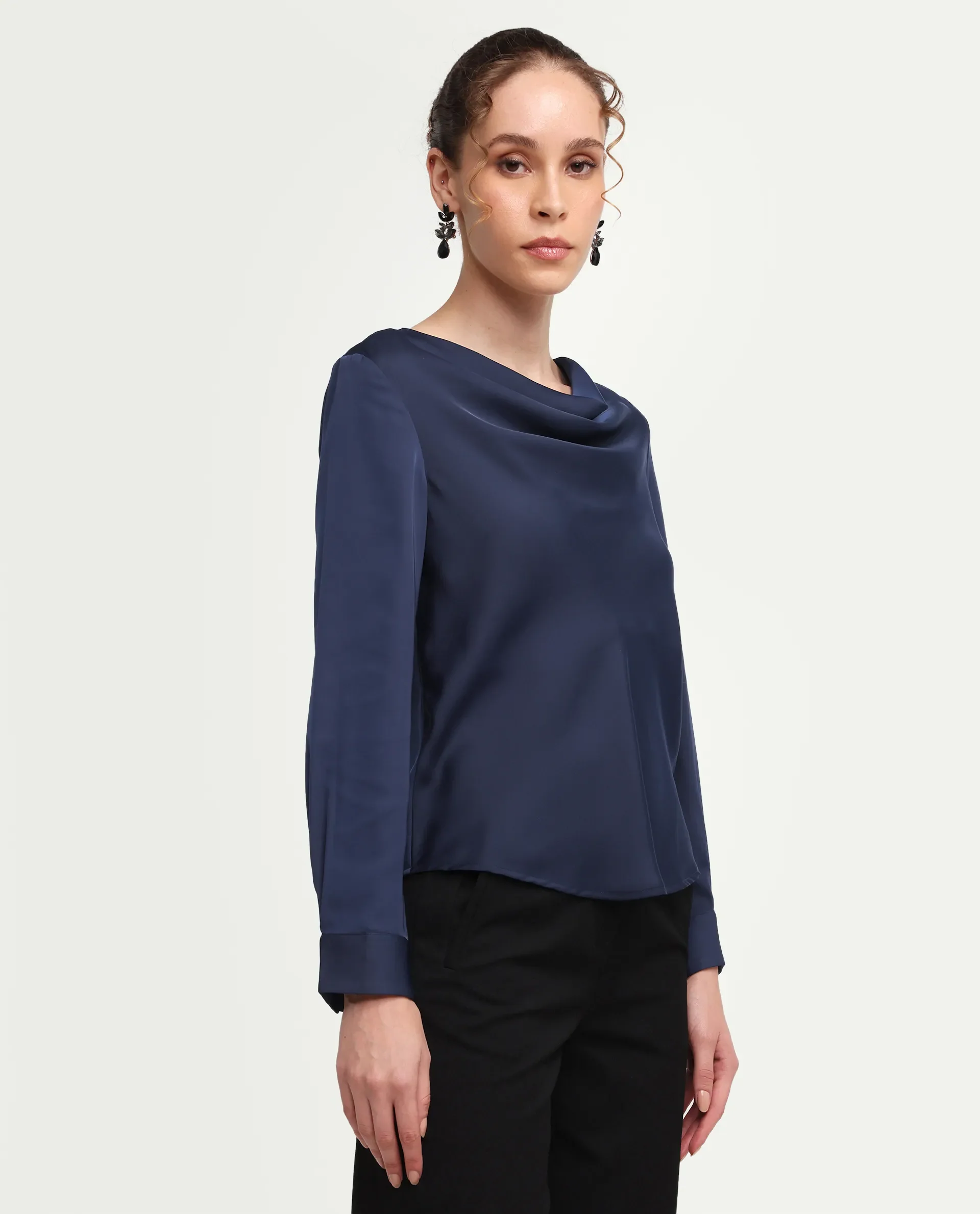 Rareism Women's Avier Navy Polyester Cowl Neck Regular Fit Plain Top - Image 6