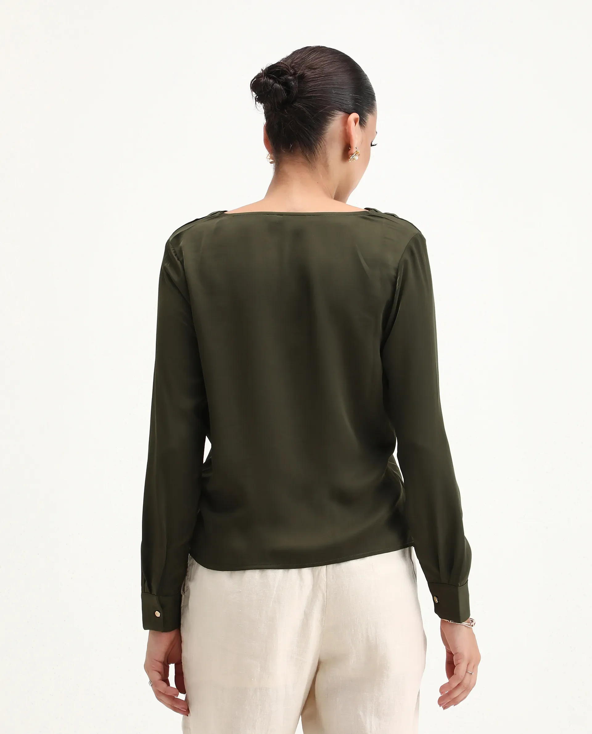 Rareism Women's Avier Olive Polyester Cowl Neck Regular Fit Plain Top - Image 2