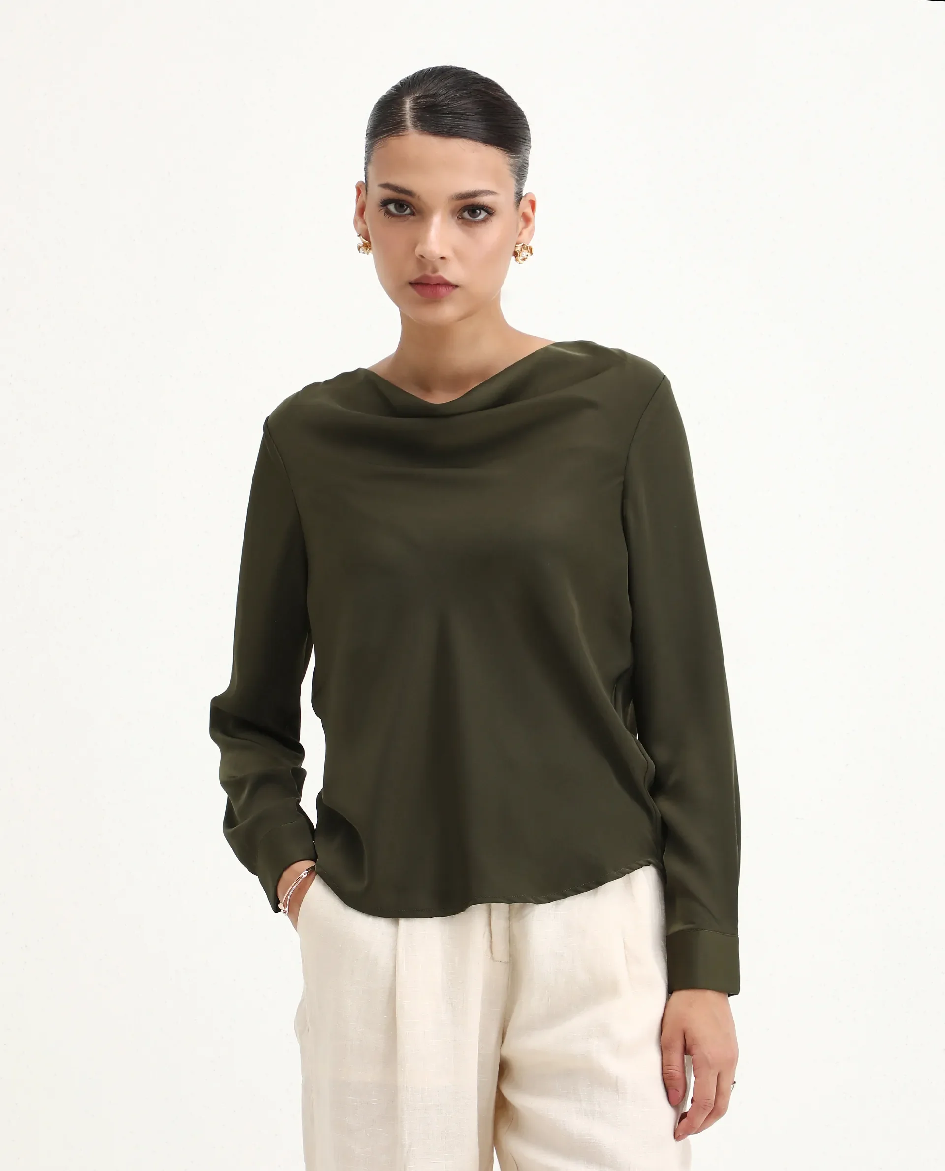 Rareism Women's Avier Olive Polyester Cowl Neck Regular Fit Plain Top - Image 3