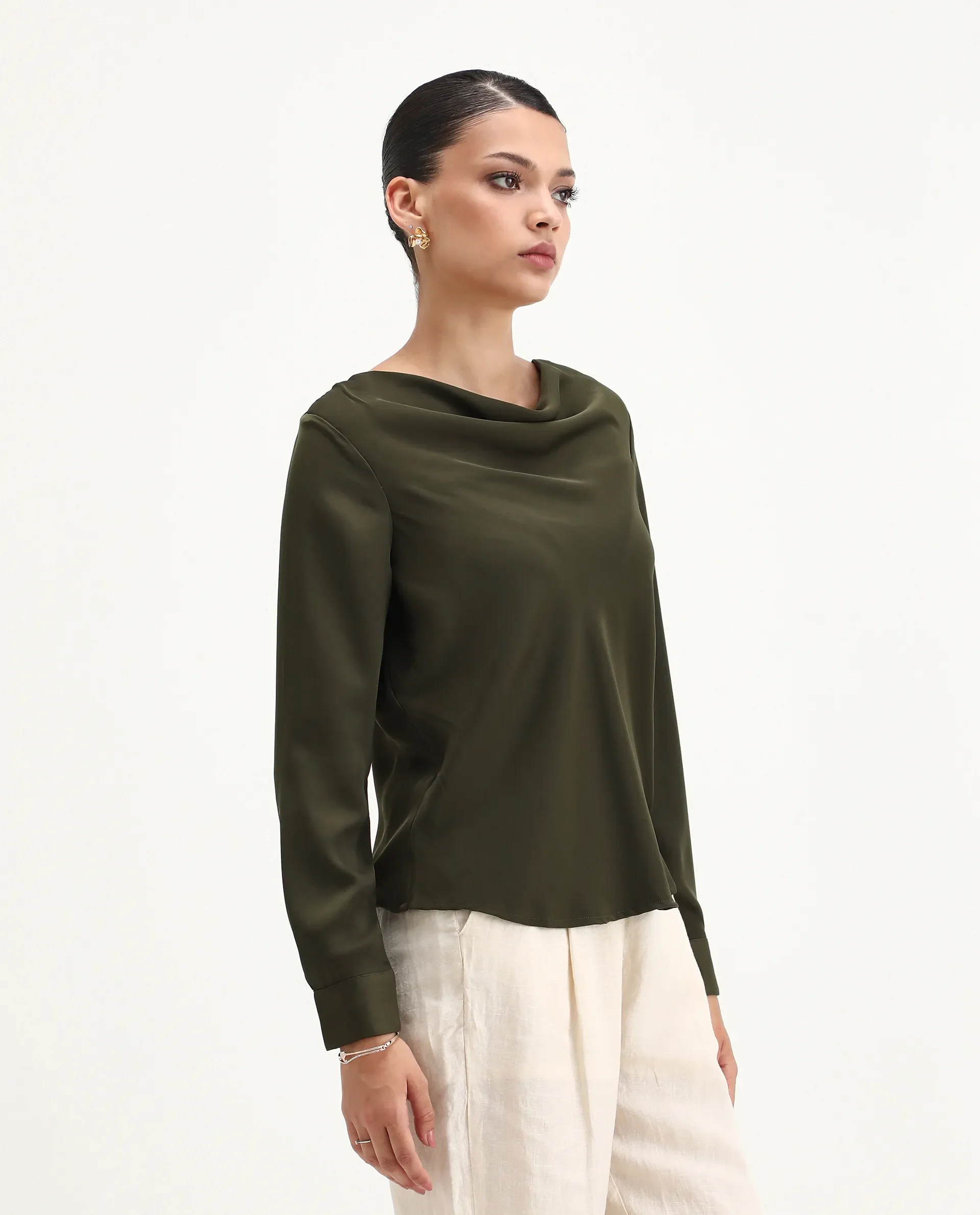Rareism Women's Avier Olive Polyester Cowl Neck Regular Fit Plain Top - Image 4