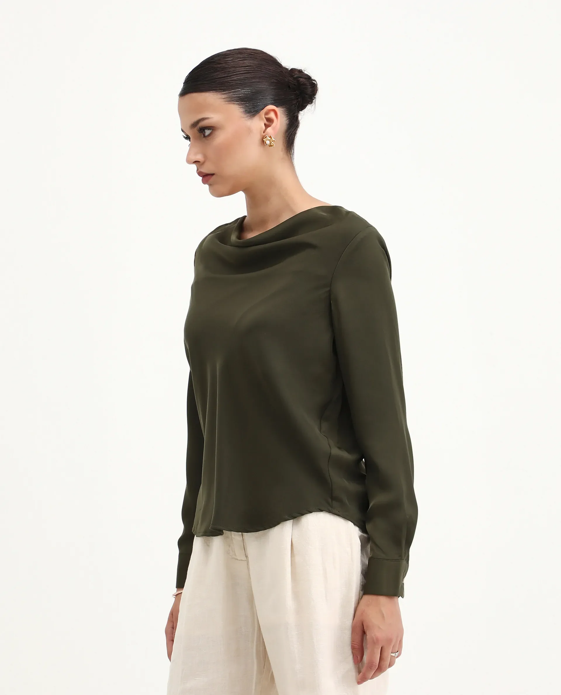 Rareism Women's Avier Olive Polyester Cowl Neck Regular Fit Plain Top - Image 5