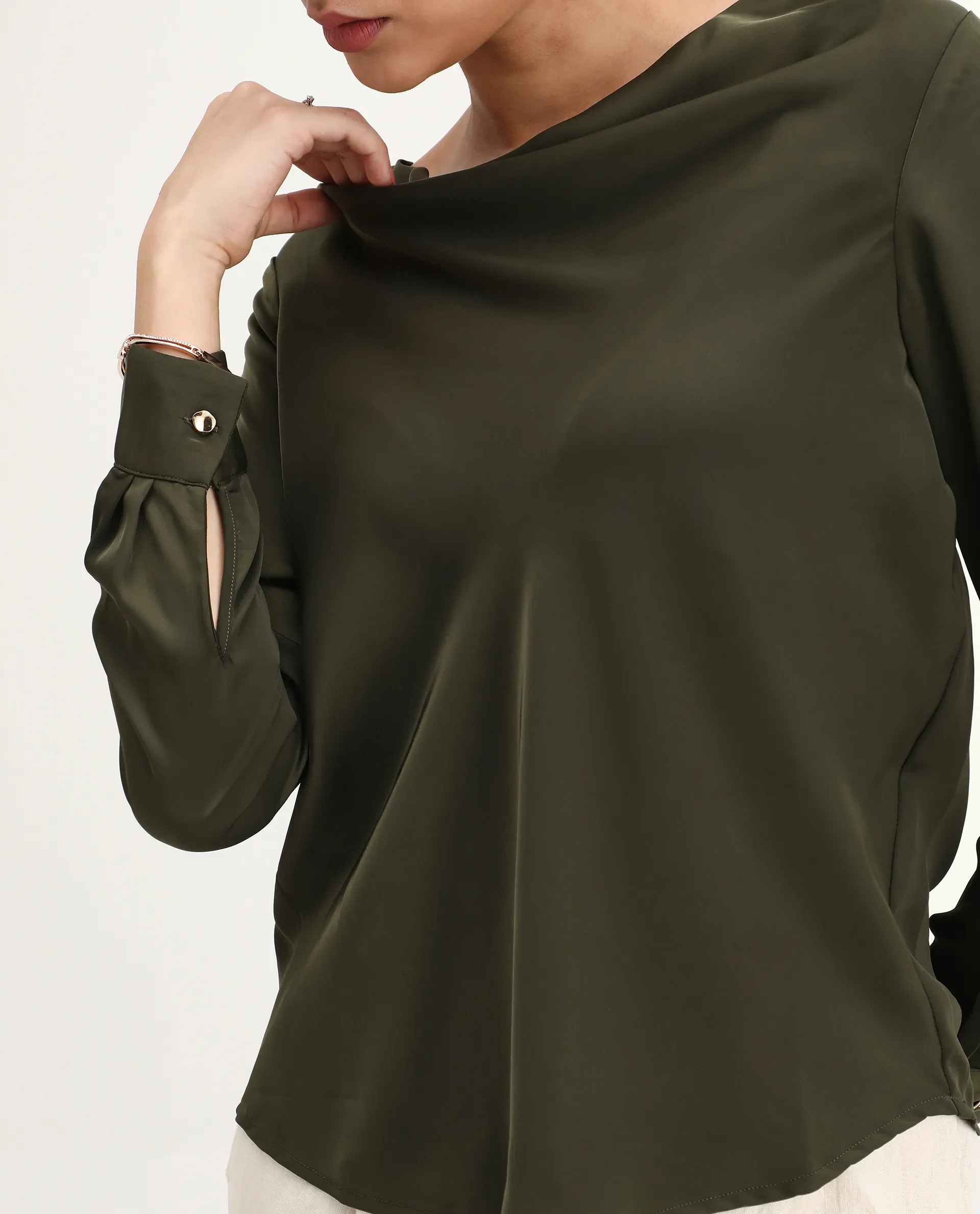 Rareism Women's Avier Olive Polyester Cowl Neck Regular Fit Plain Top - Image 6
