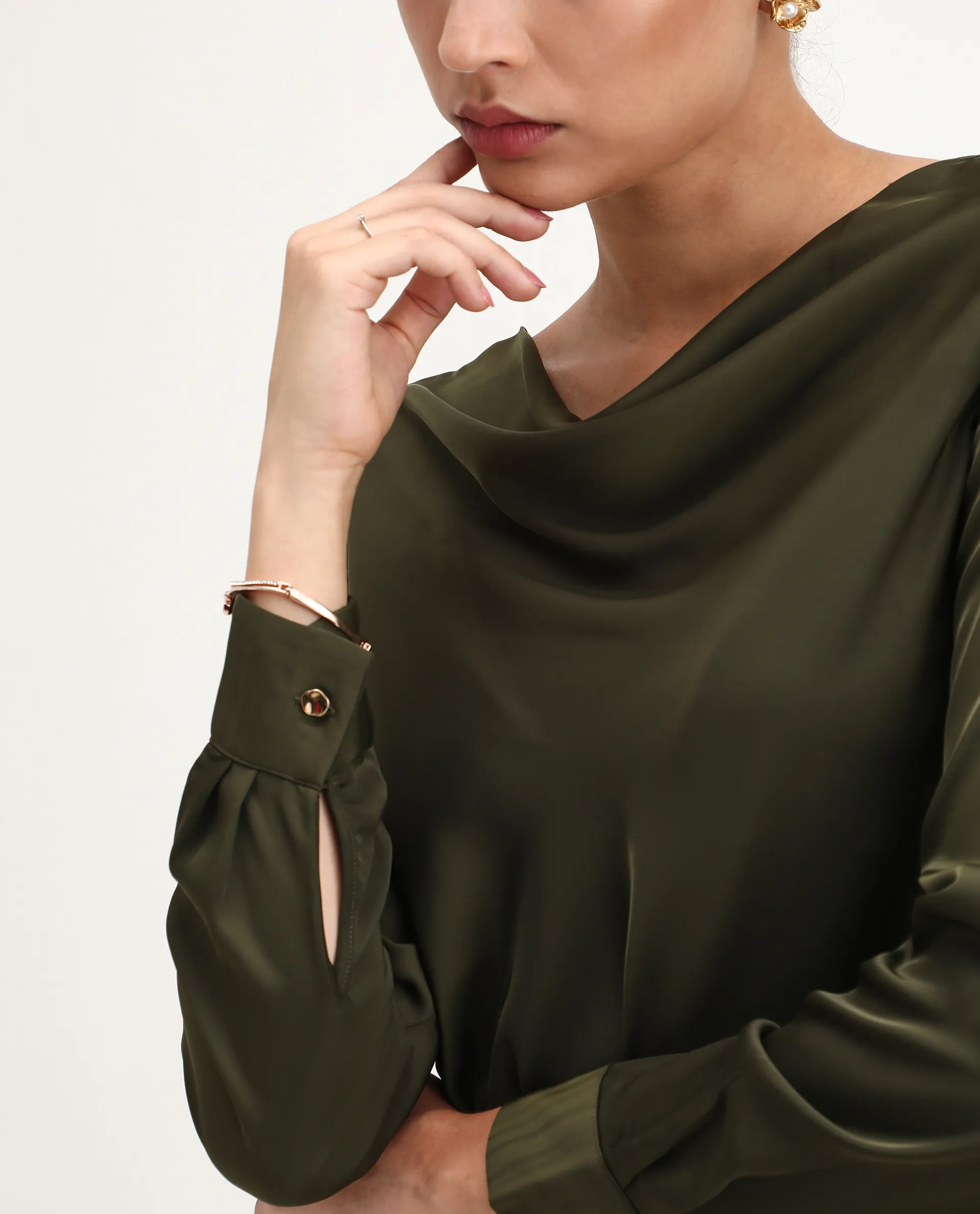 Rareism Women's Avier Olive Polyester Cowl Neck Regular Fit Plain Top - Image 7