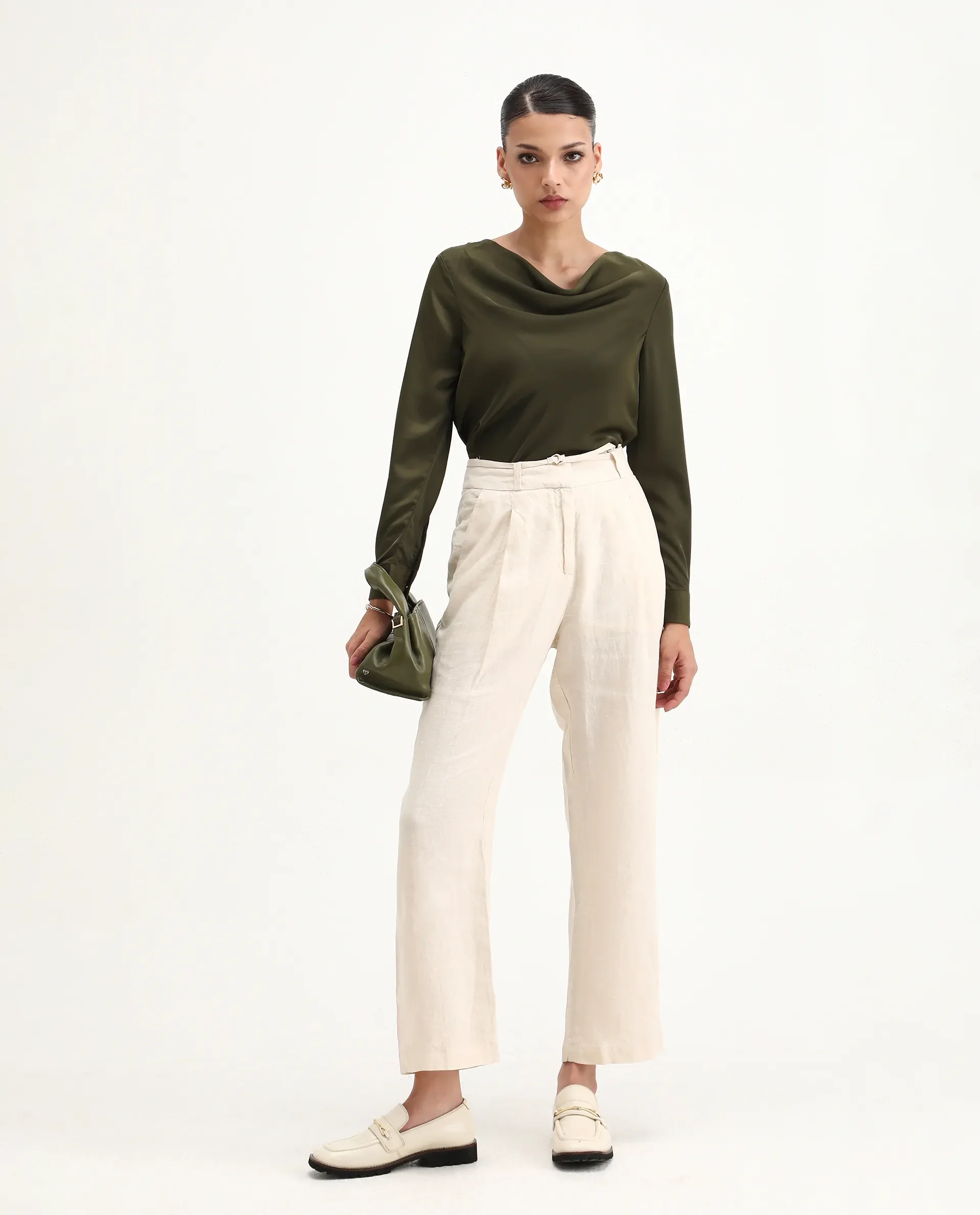 Rareism Women's Avier Olive Polyester Cowl Neck Regular Fit Plain Top - Image 8