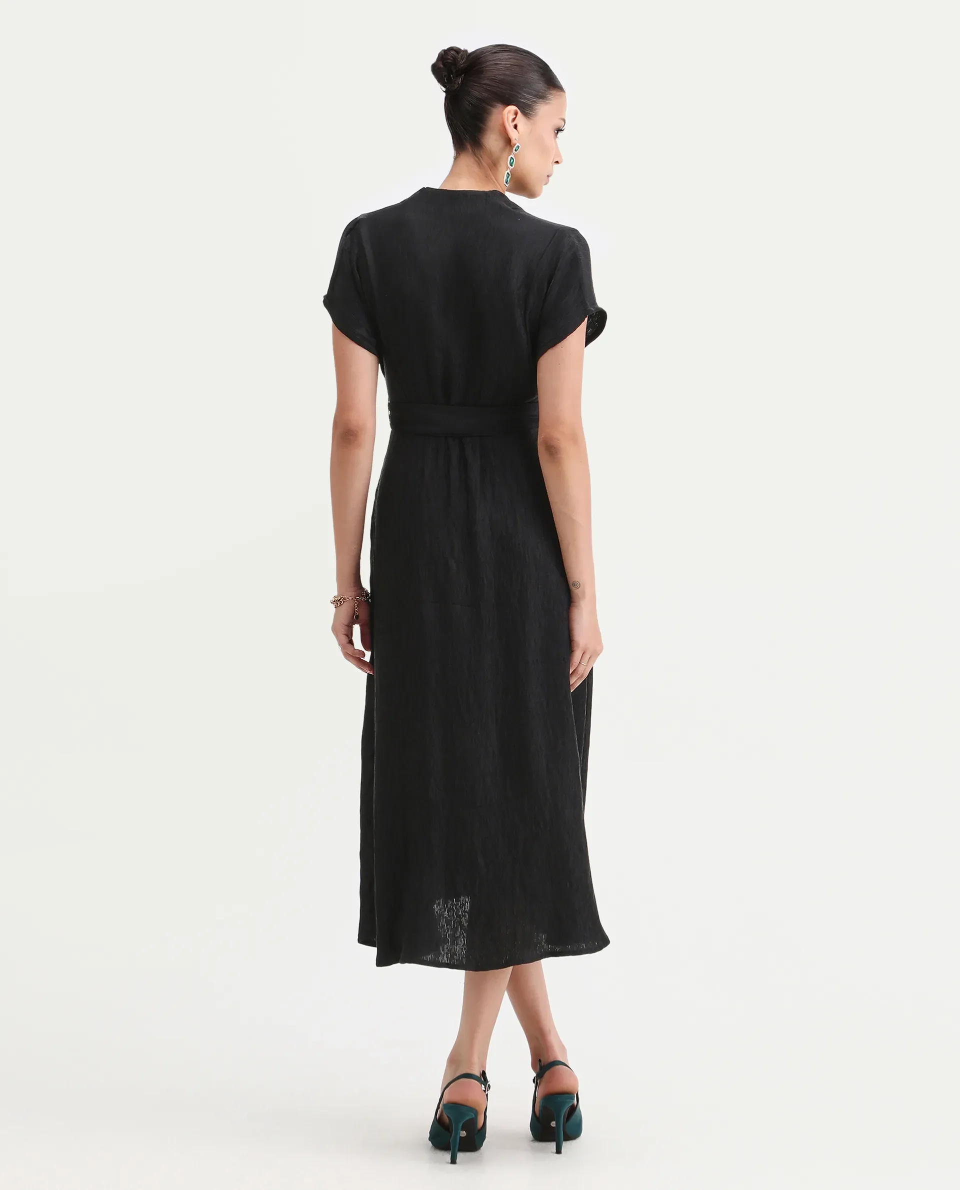 Rareism Women's Aviha Black Nylon Blend V-Neck Flared Plain Dress - Image 4