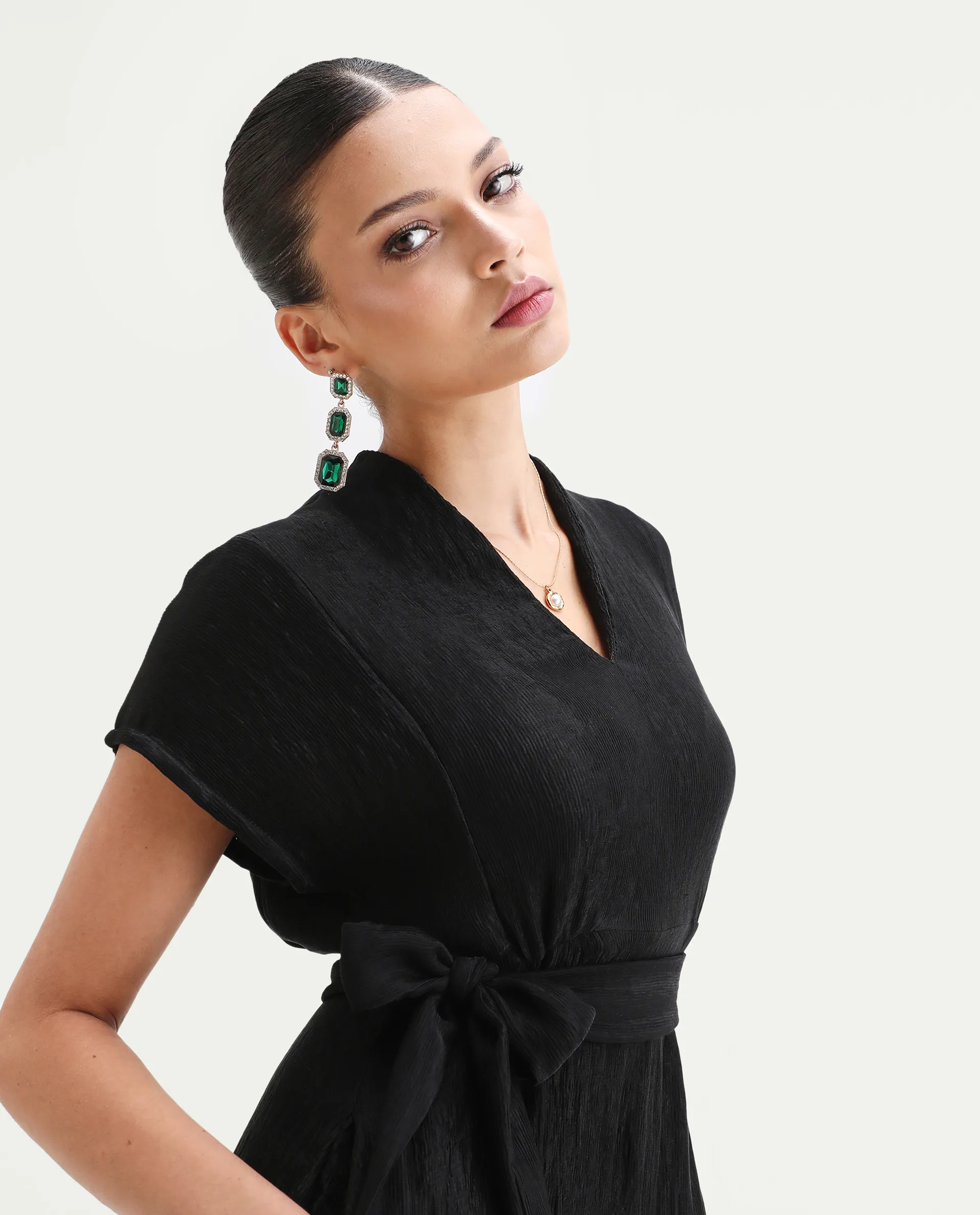 Rareism Women's Aviha Black Nylon Blend V-Neck Flared Plain Dress - Image 5