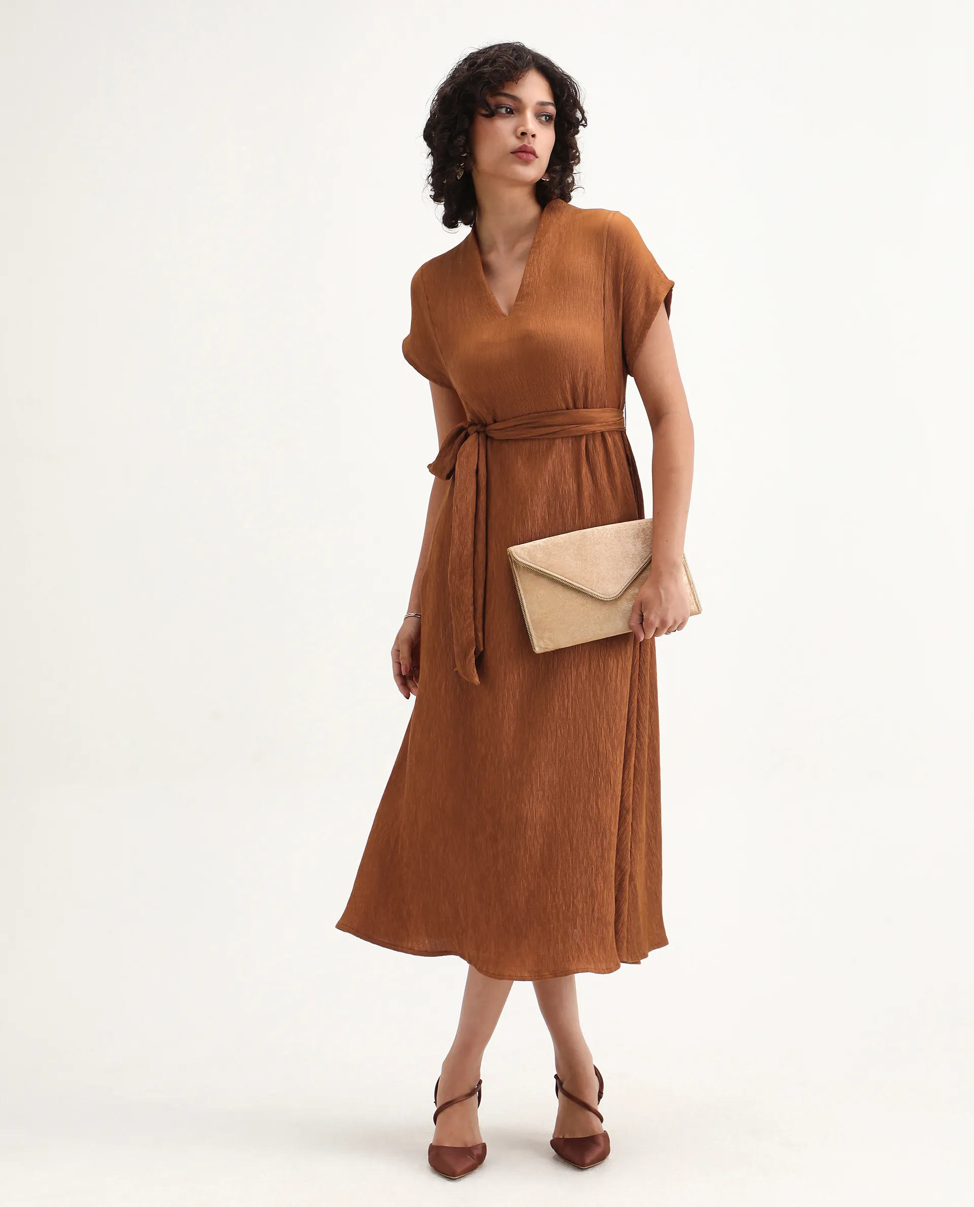 Rareism Women's Aviha Rust Nylon Blend V-Neck Fit And Flare Plain Dress - Image 2