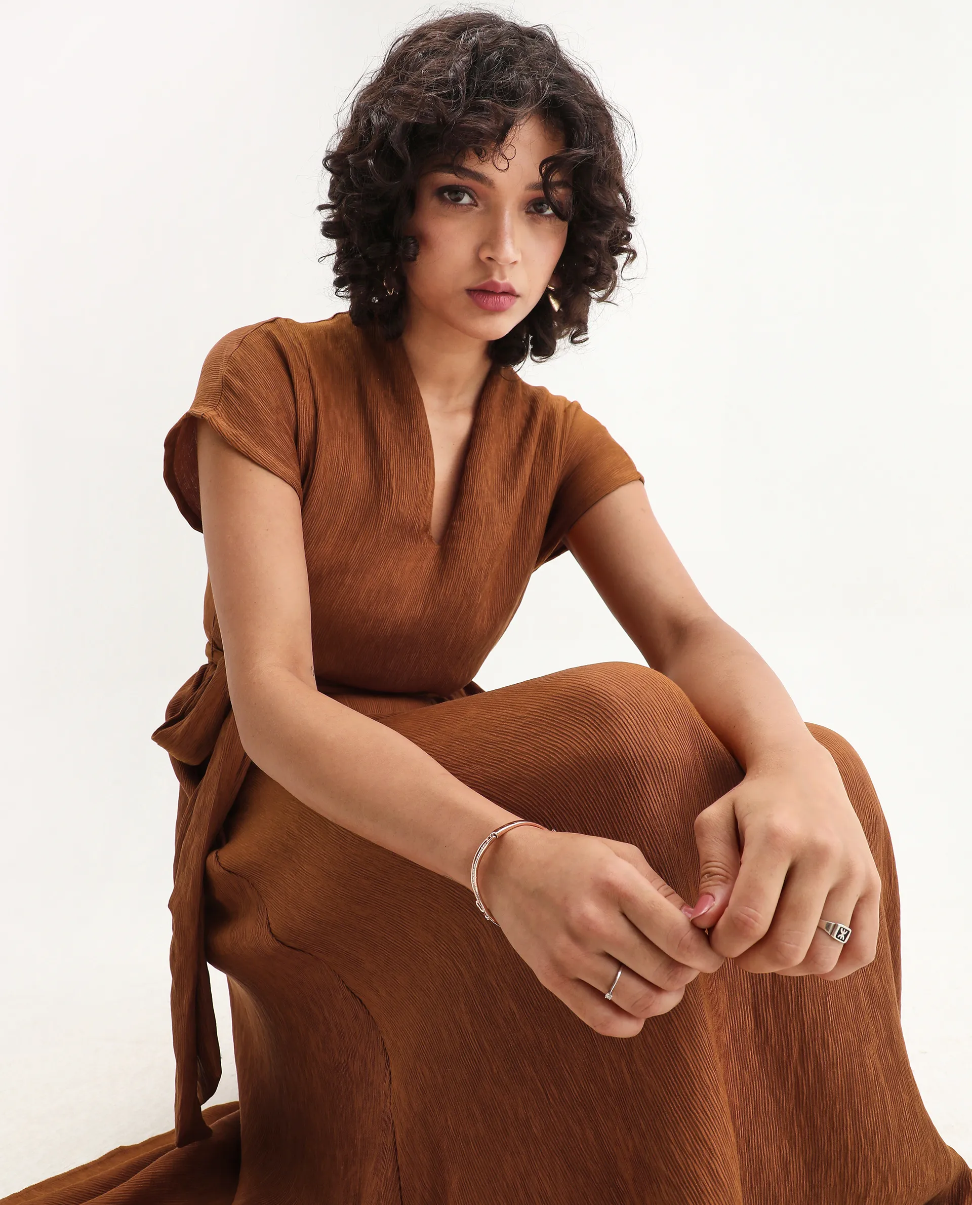 Rareism Women's Aviha Rust Nylon Blend V-Neck Fit And Flare Plain Dress - Image 3