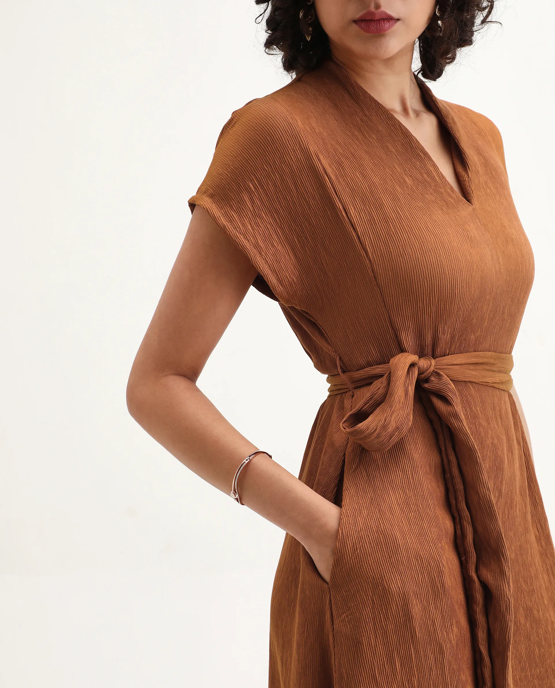Rareism Women's Aviha Rust Nylon Blend V-Neck Fit And Flare Plain Dress - Image 4