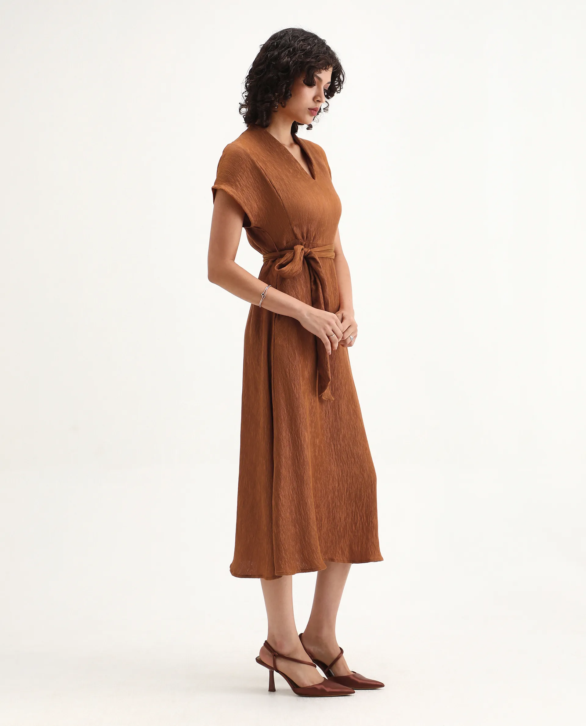 Rareism Women's Aviha Rust Nylon Blend V-Neck Fit And Flare Plain Dress - Image 5