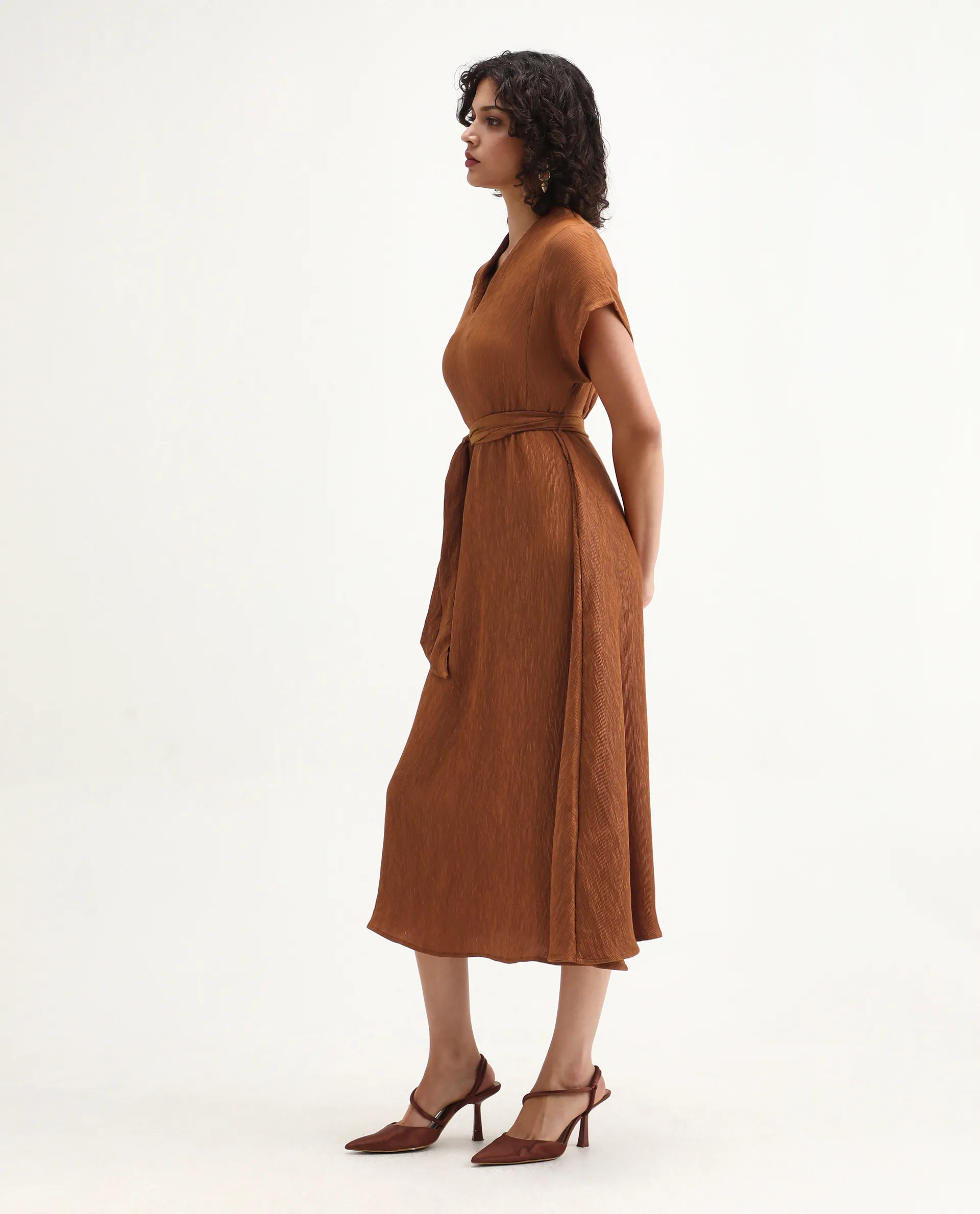 Rareism Women's Aviha Rust Nylon Blend V-Neck Fit And Flare Plain Dress - Image 6