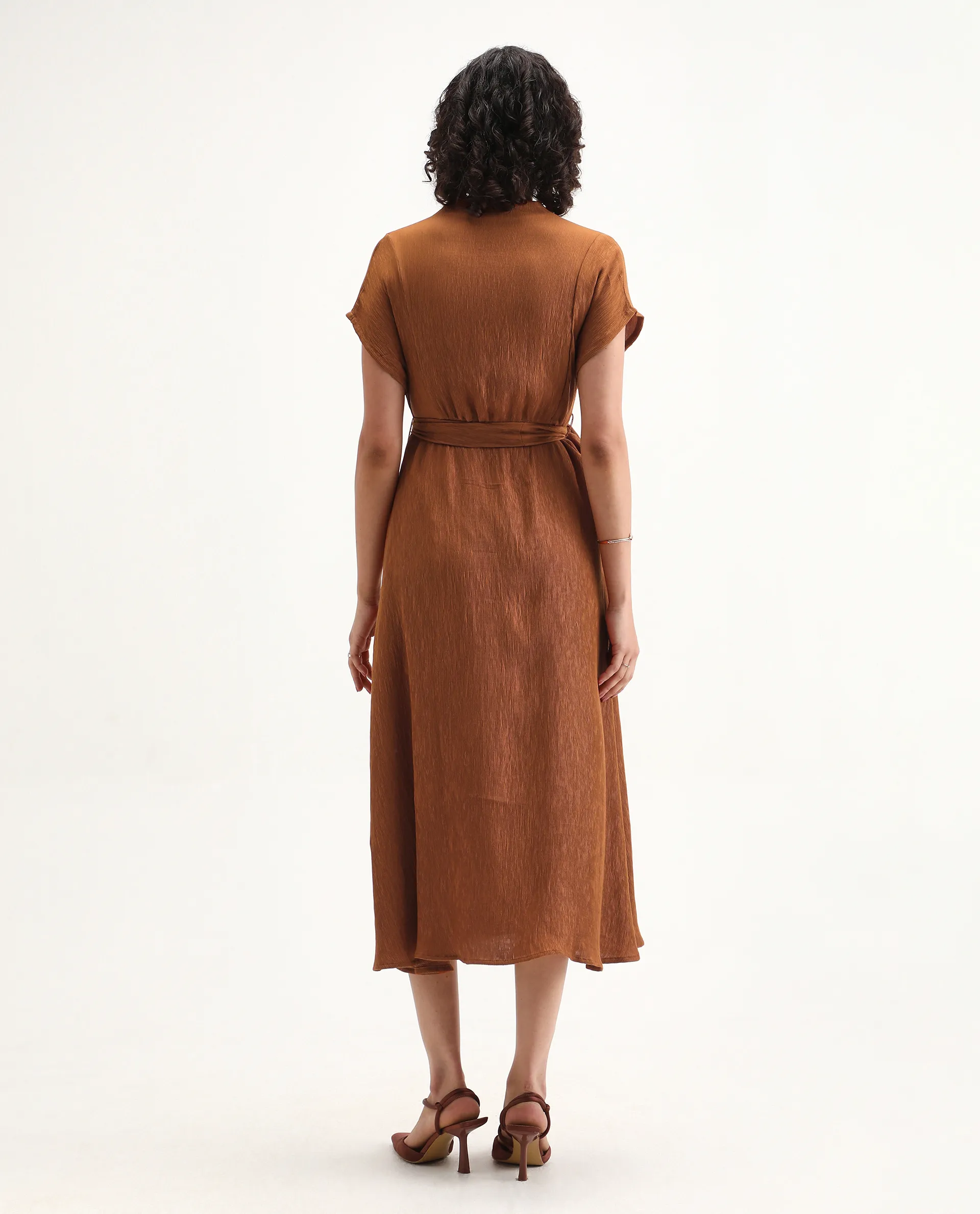 Rareism Women's Aviha Rust Nylon Blend V-Neck Fit And Flare Plain Dress - Image 7