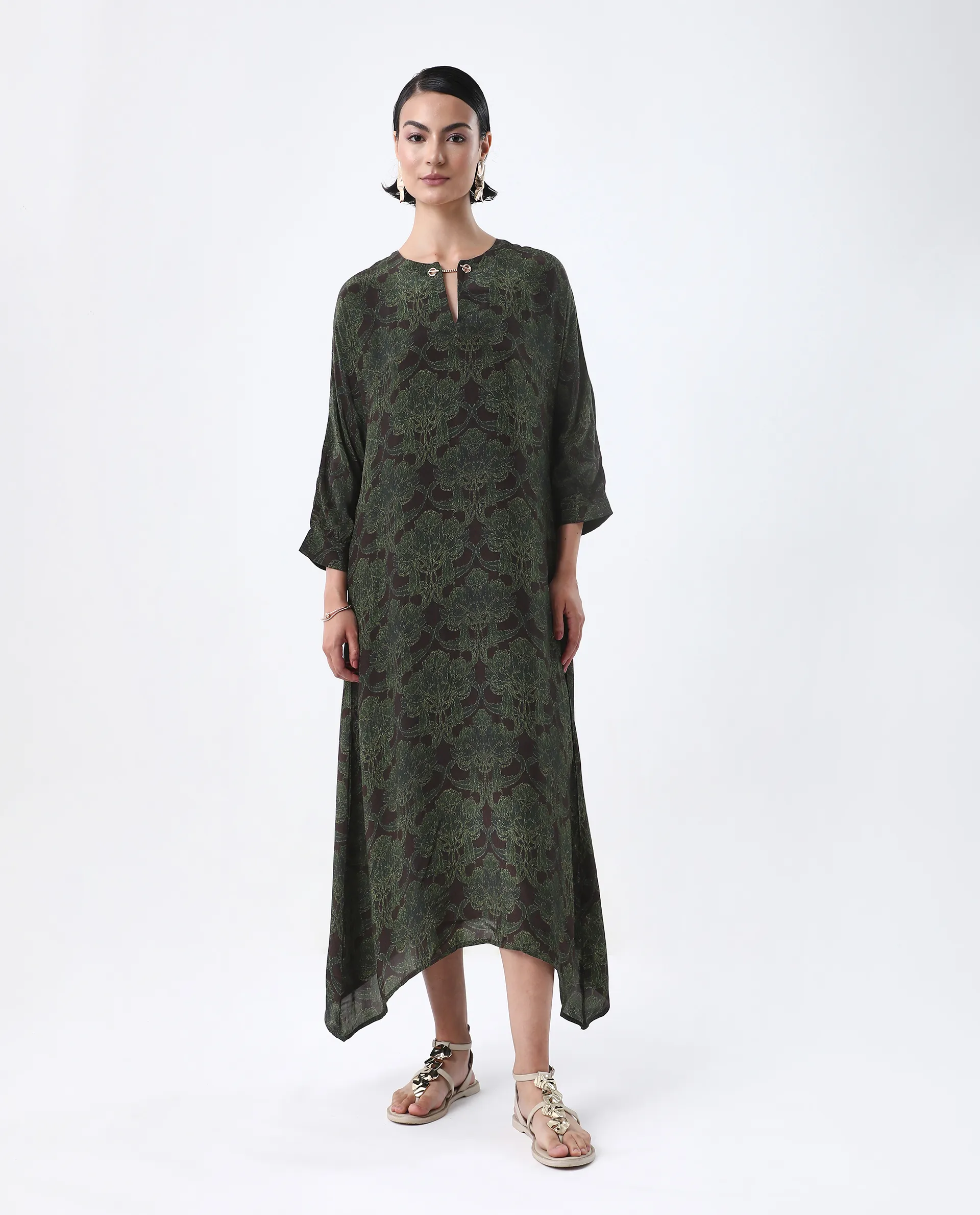 Rareism Women's Avika Green Viscose Round Neck Relaxed Fit Dress - Image 2