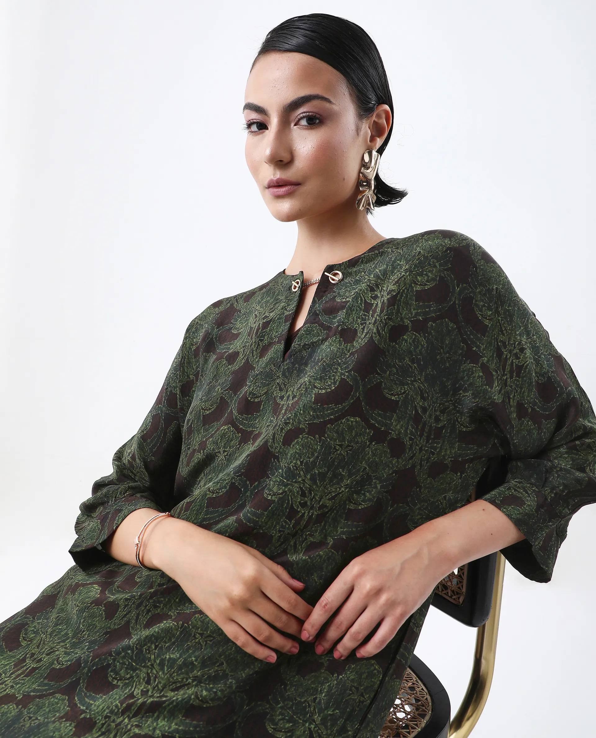 Rareism Women's Avika Green Viscose Round Neck Relaxed Fit Dress - Image 3