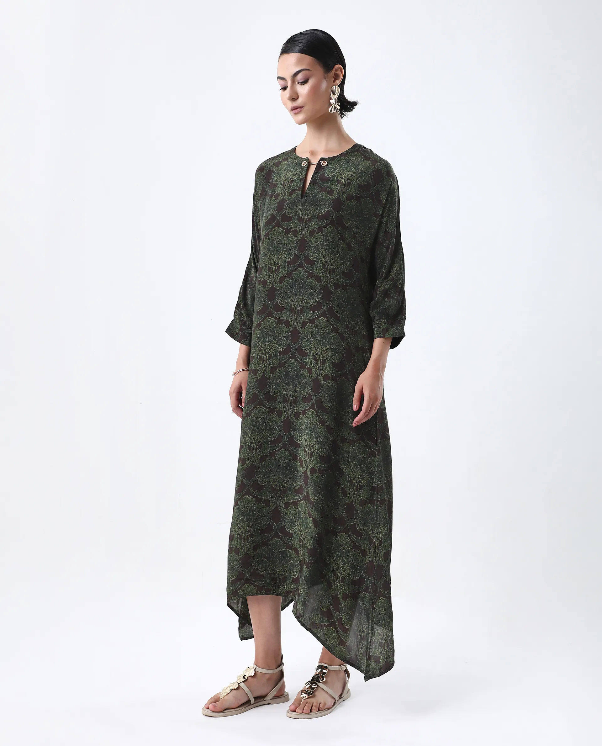 Rareism Women's Avika Green Viscose Round Neck Relaxed Fit Dress - Image 5