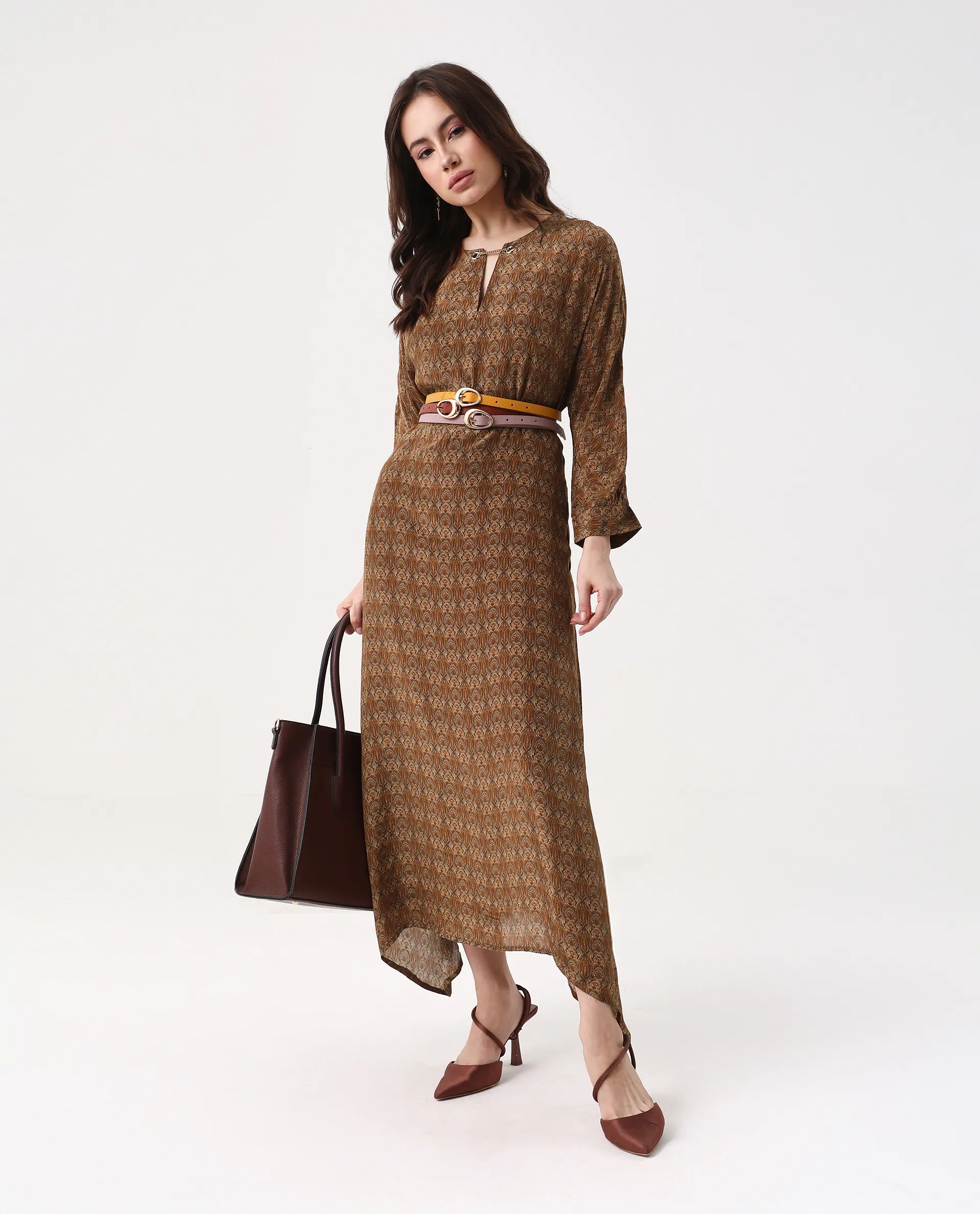 Rareism Women's Avikan Mustard Viscose Crew Neck Relaxed Fit Dress - Image 2