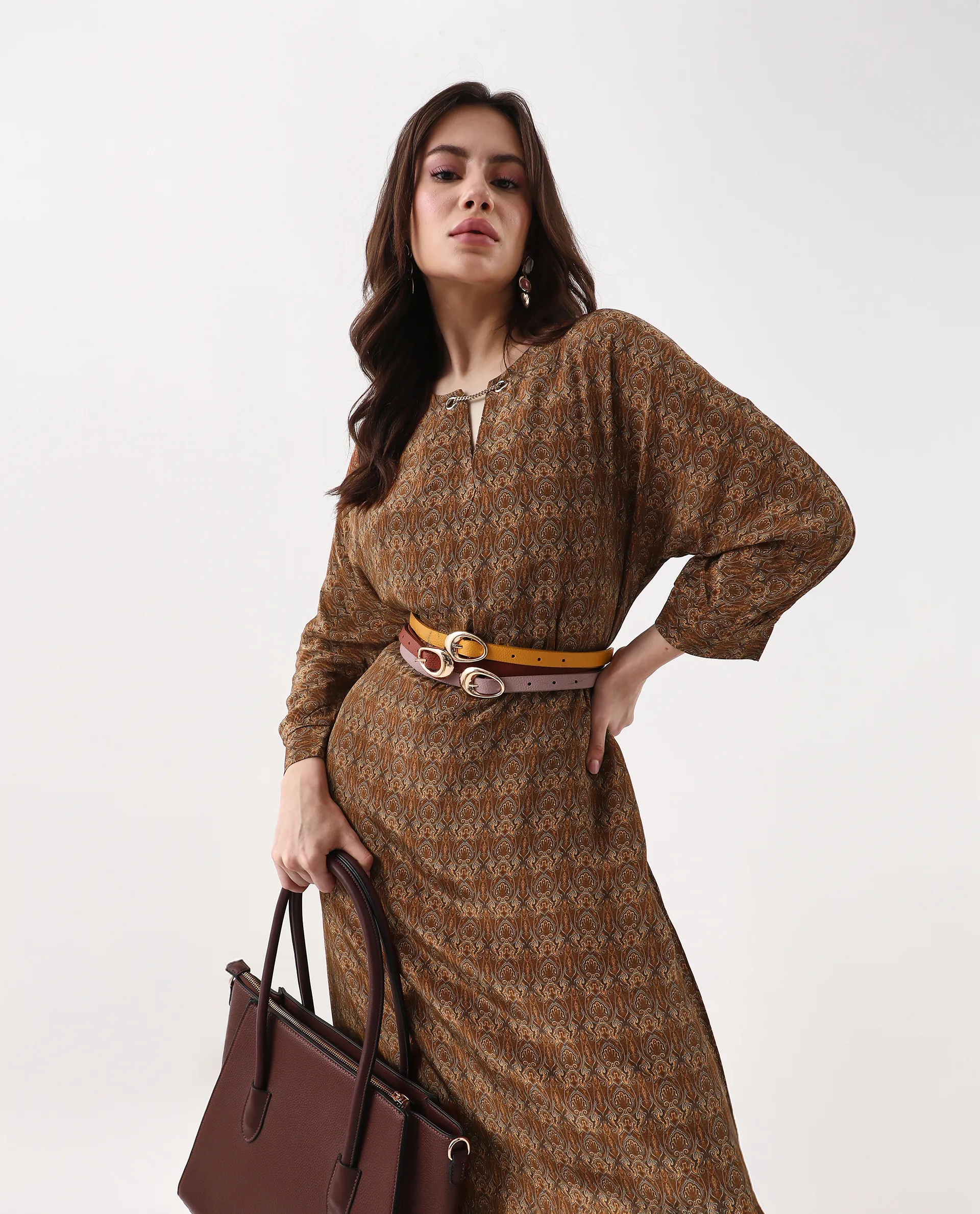Rareism Women's Avikan Mustard Viscose Crew Neck Relaxed Fit Dress - Image 6