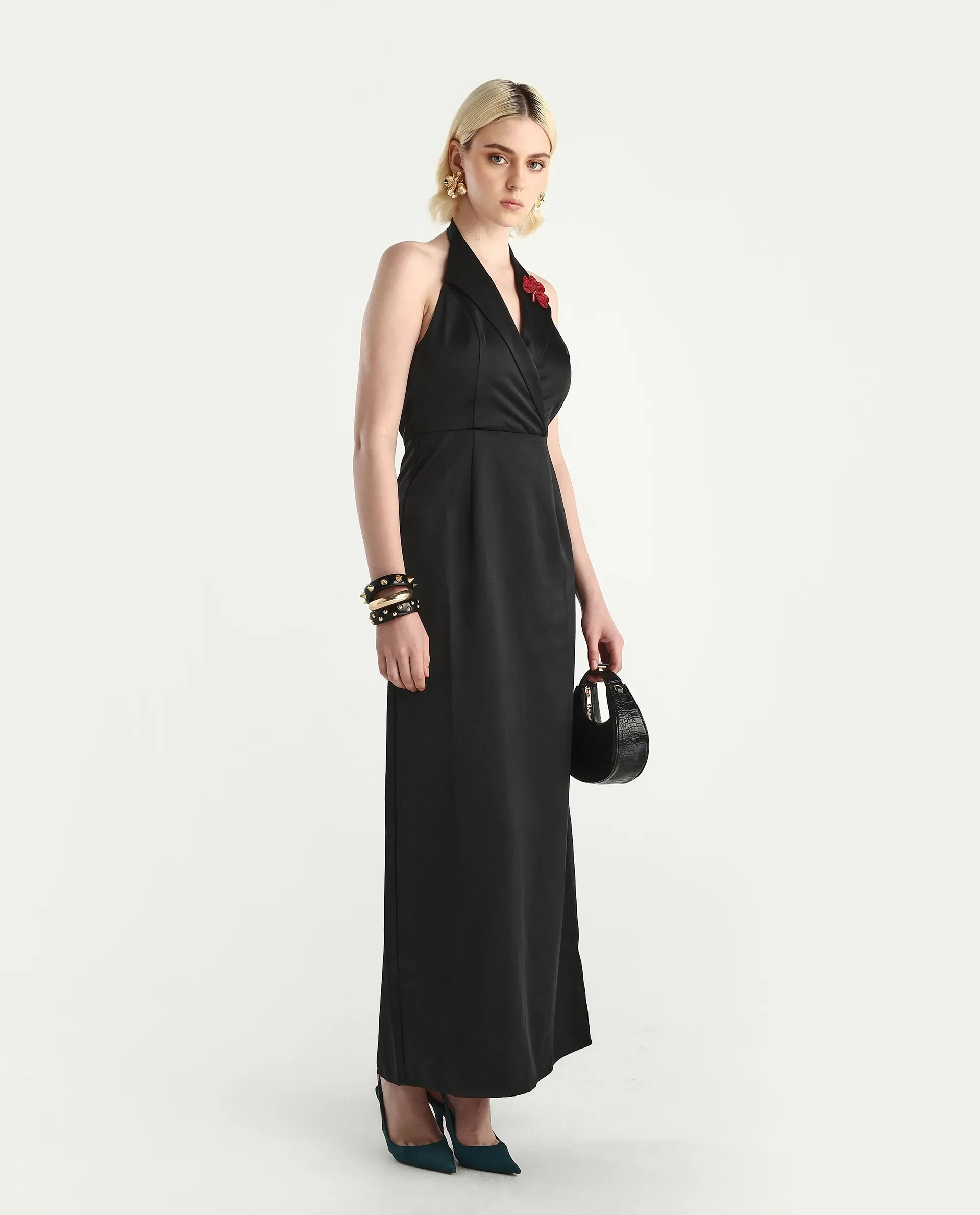 Rareism Women's Avila Black Polyester Halter Neck Fitted Plain Dress - Image 2