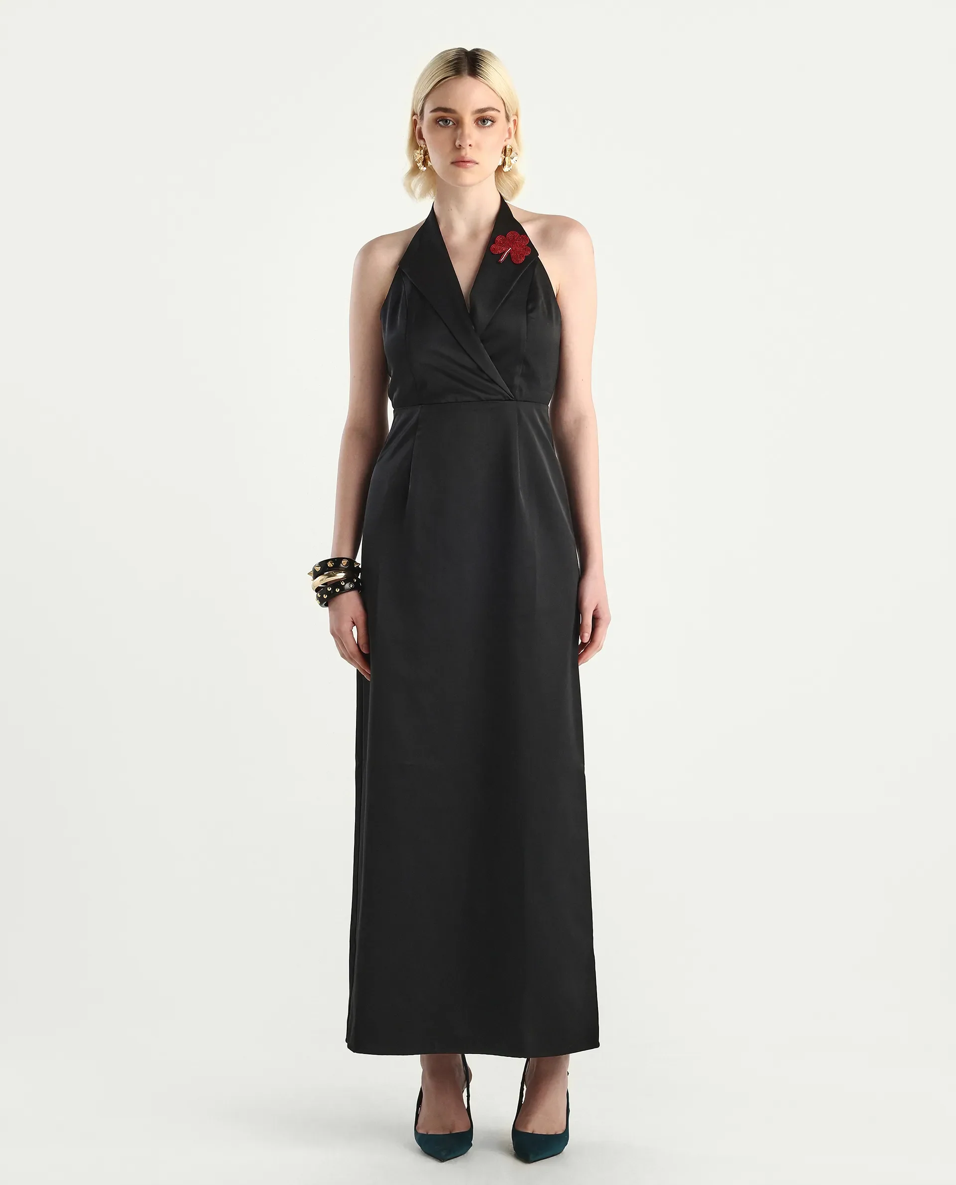 Rareism Women's Avila Black Polyester Halter Neck Fitted Plain Dress - Image 4