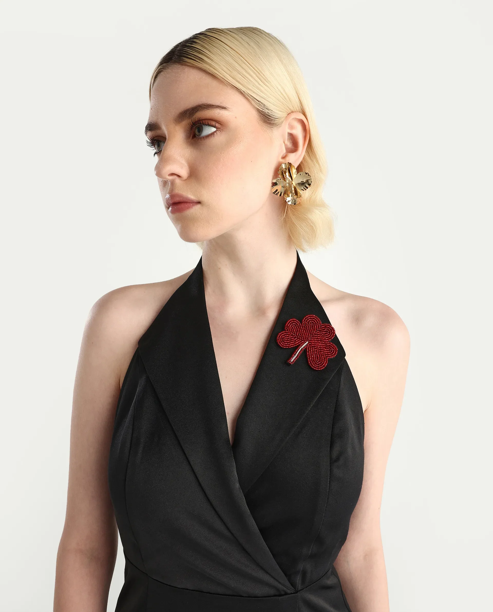 Rareism Women's Avila Black Polyester Halter Neck Fitted Plain Dress - Image 6