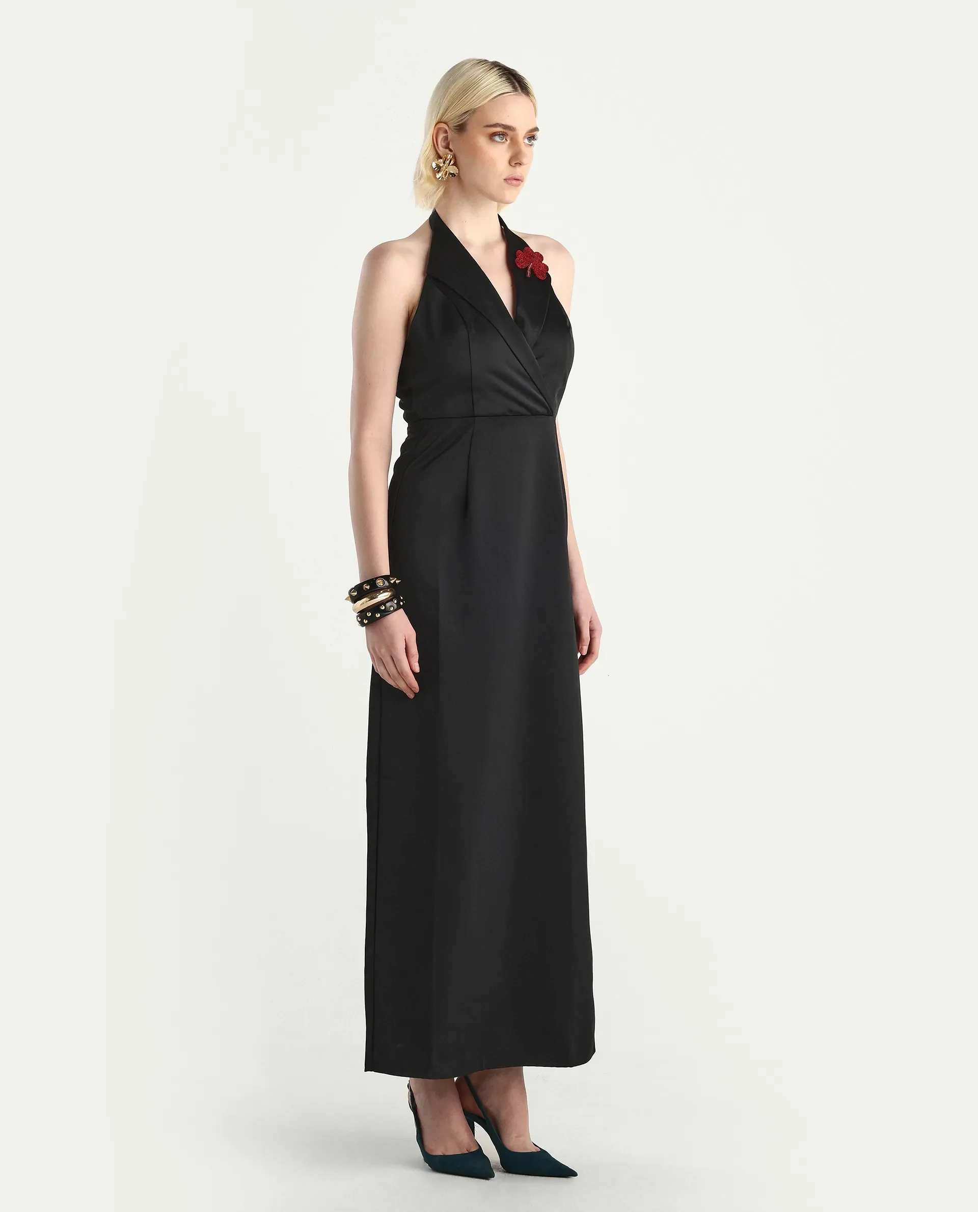 Rareism Women's Avila Black Polyester Halter Neck Fitted Plain Dress - Image 7
