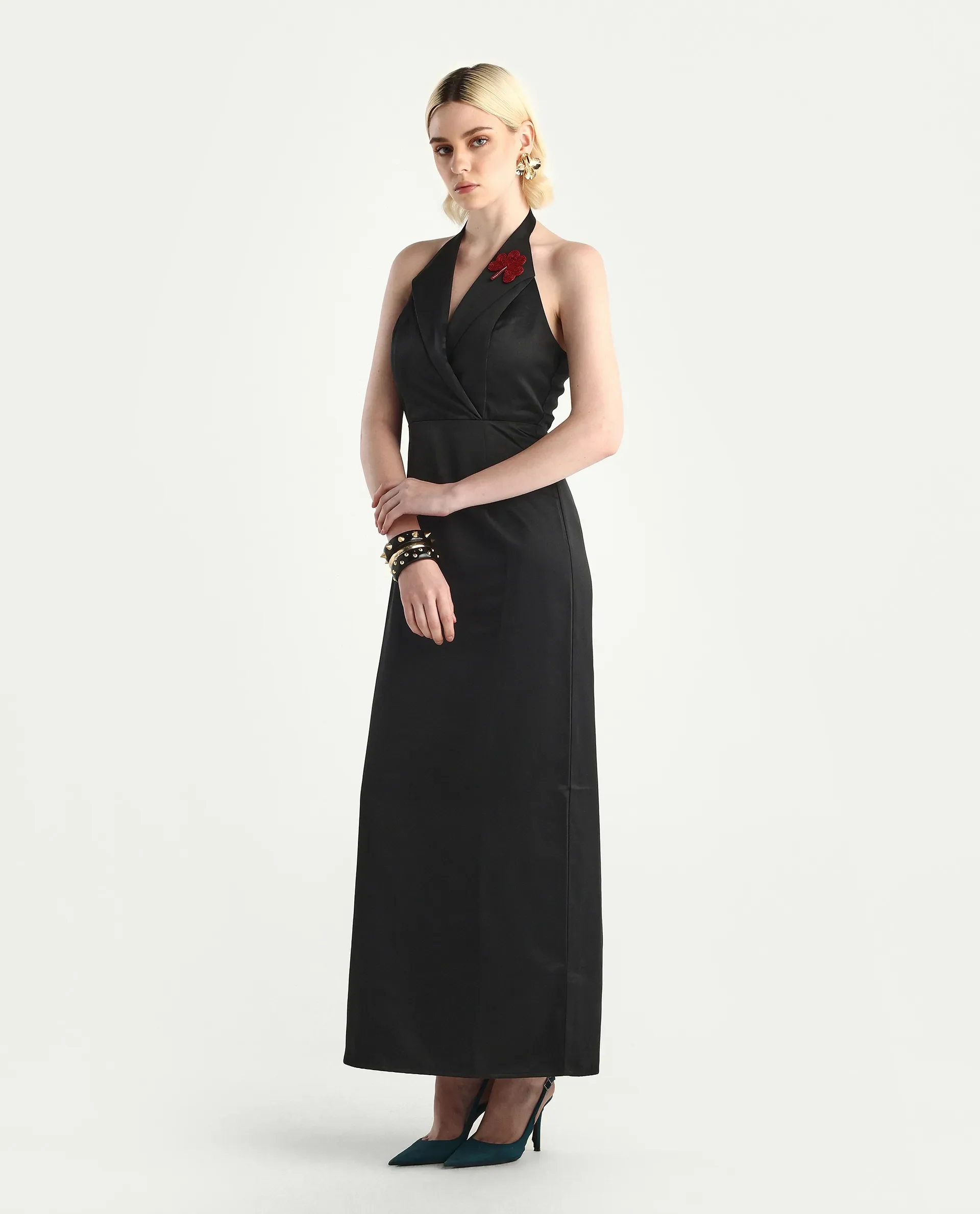 Rareism Women's Avila Black Polyester Halter Neck Fitted Plain Dress - Image 8