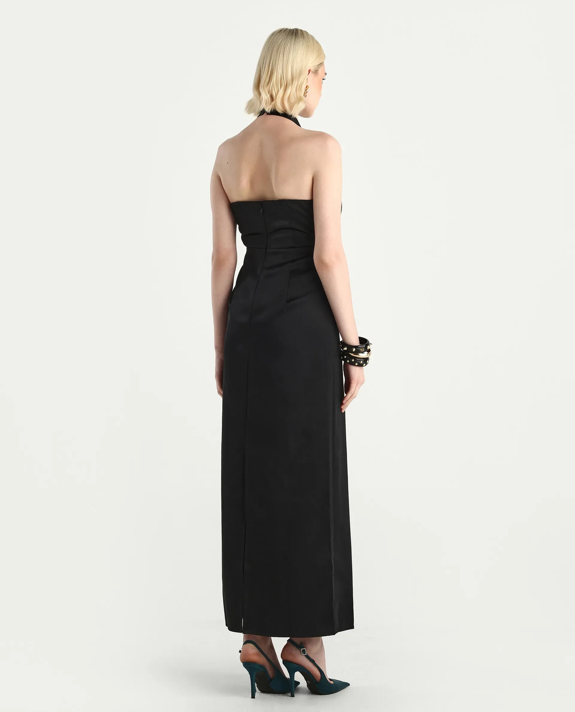 Rareism Women's Avila Black Polyester Halter Neck Fitted Plain Dress - Image 9