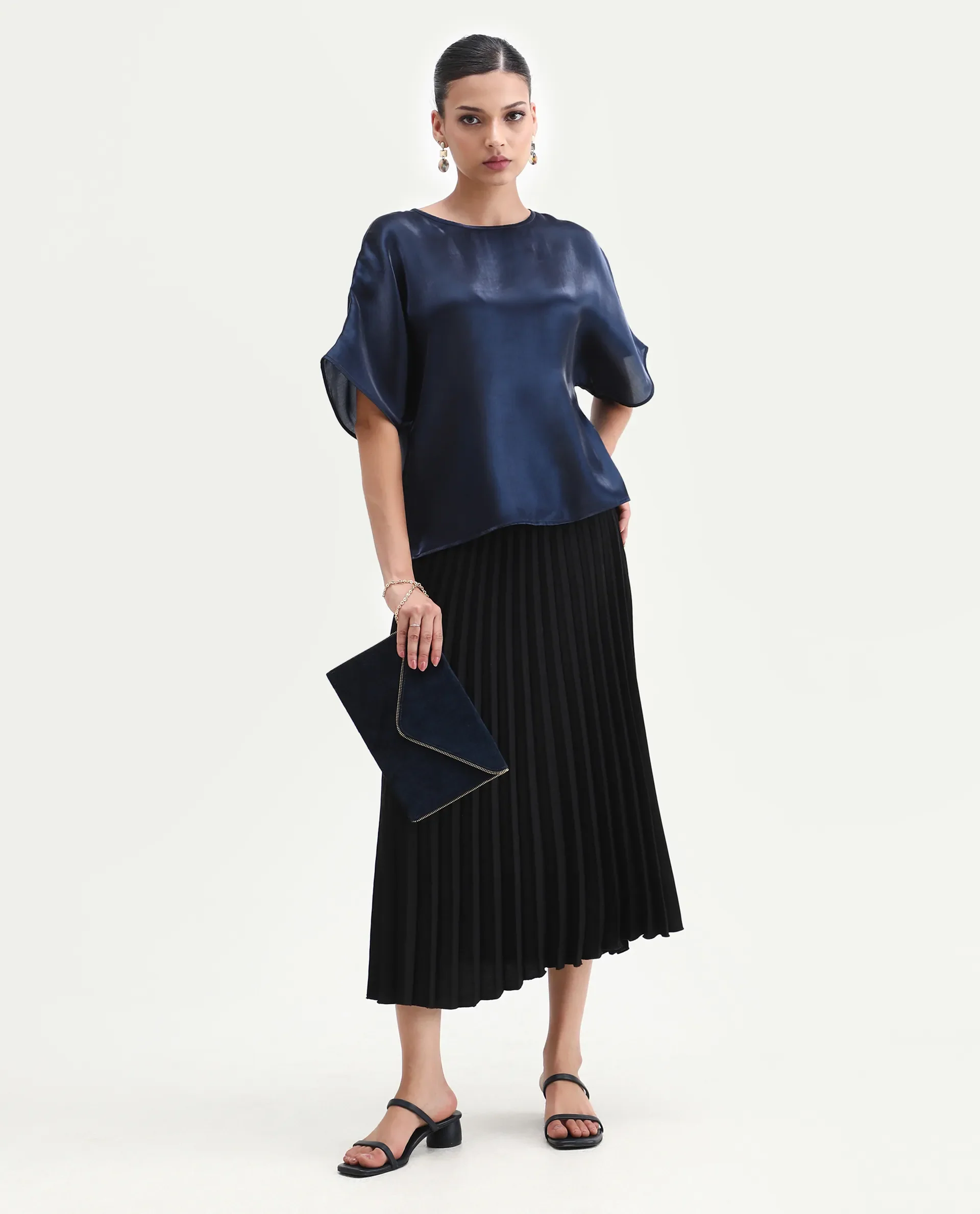 Rareism Women's Avili Navy Polyester Round Neck Boxy Fit Plain Top - Image 2
