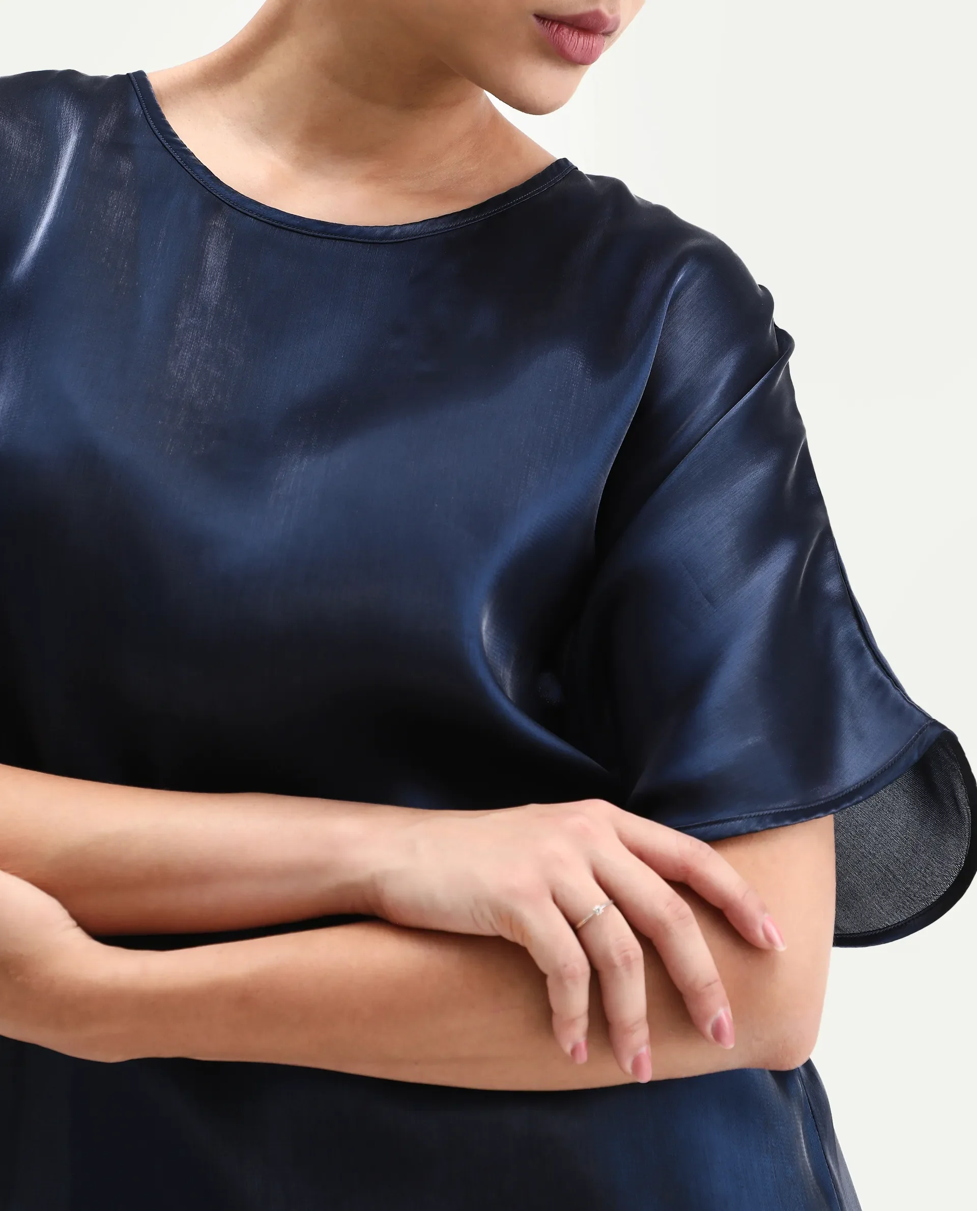 Rareism Women's Avili Navy Polyester Round Neck Boxy Fit Plain Top - Image 3