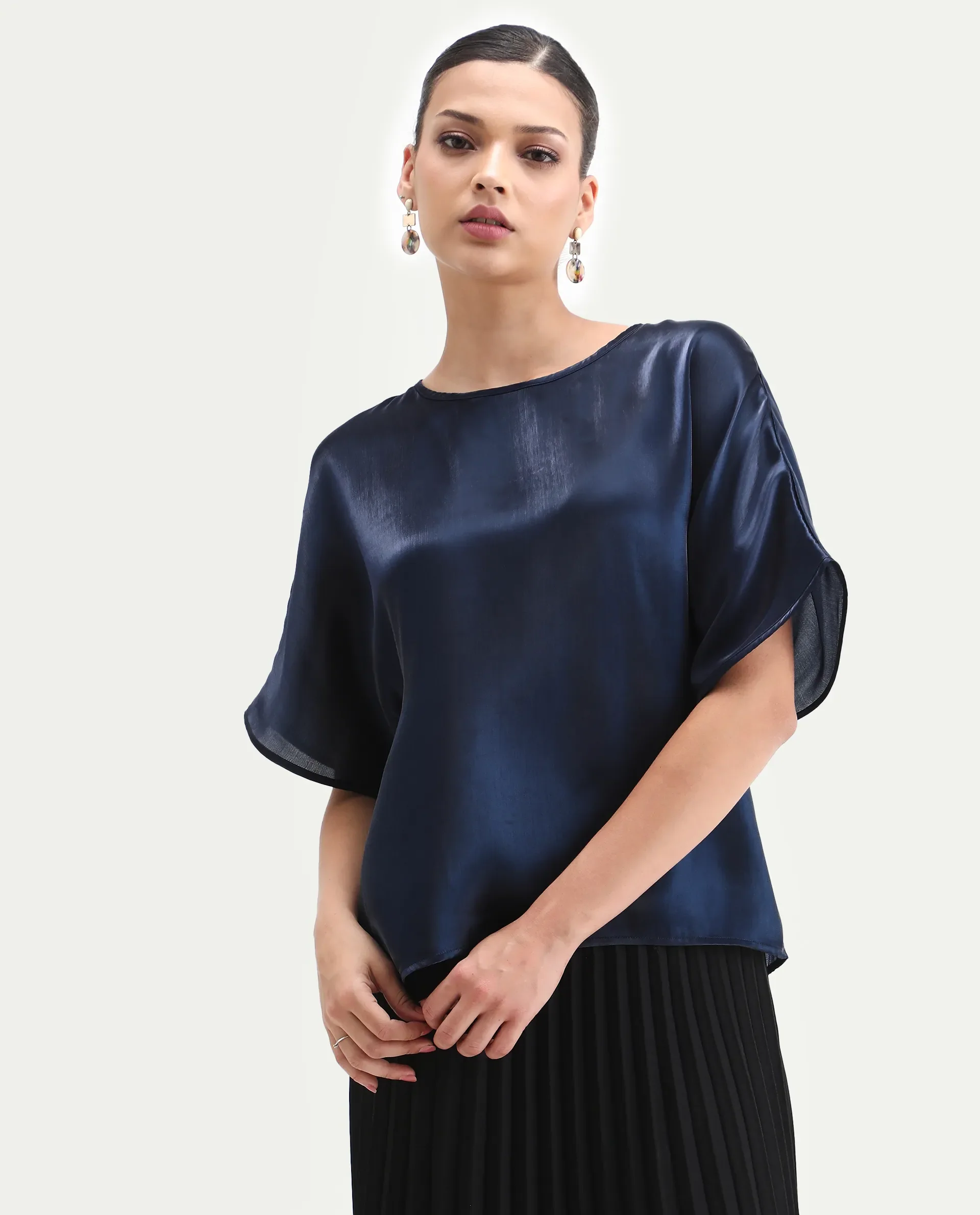 Rareism Women's Avili Navy Polyester Round Neck Boxy Fit Plain Top - Image 4