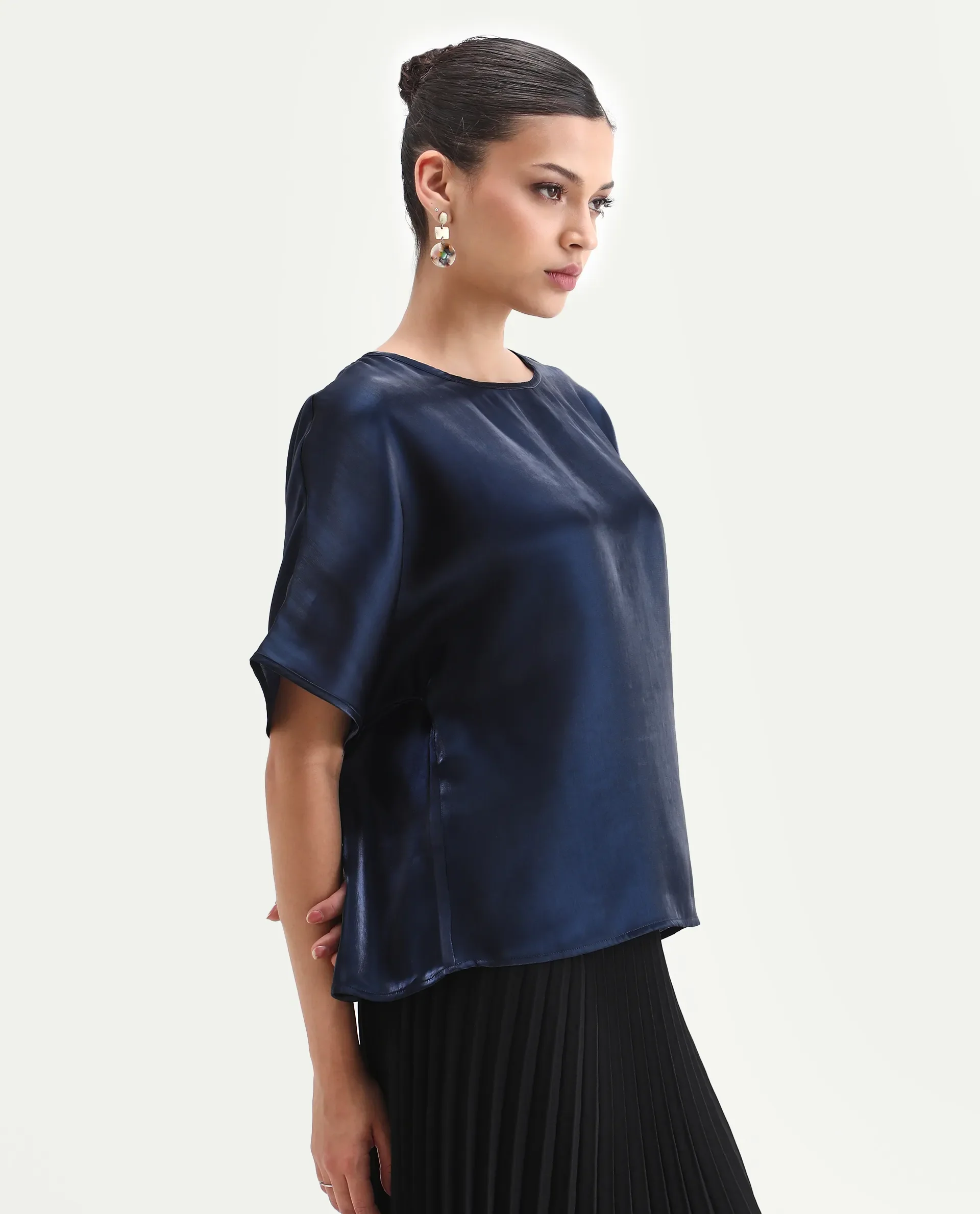Rareism Women's Avili Navy Polyester Round Neck Boxy Fit Plain Top - Image 5