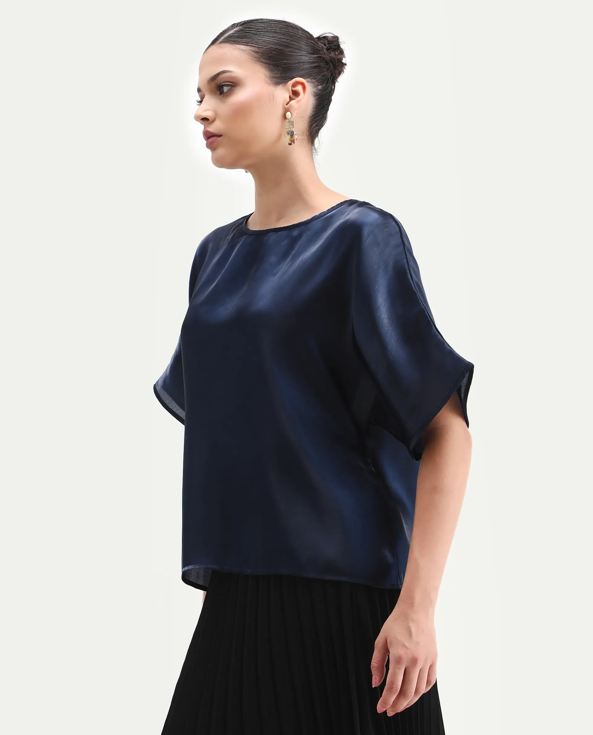 Rareism Women's Avili Navy Polyester Round Neck Boxy Fit Plain Top - Image 6