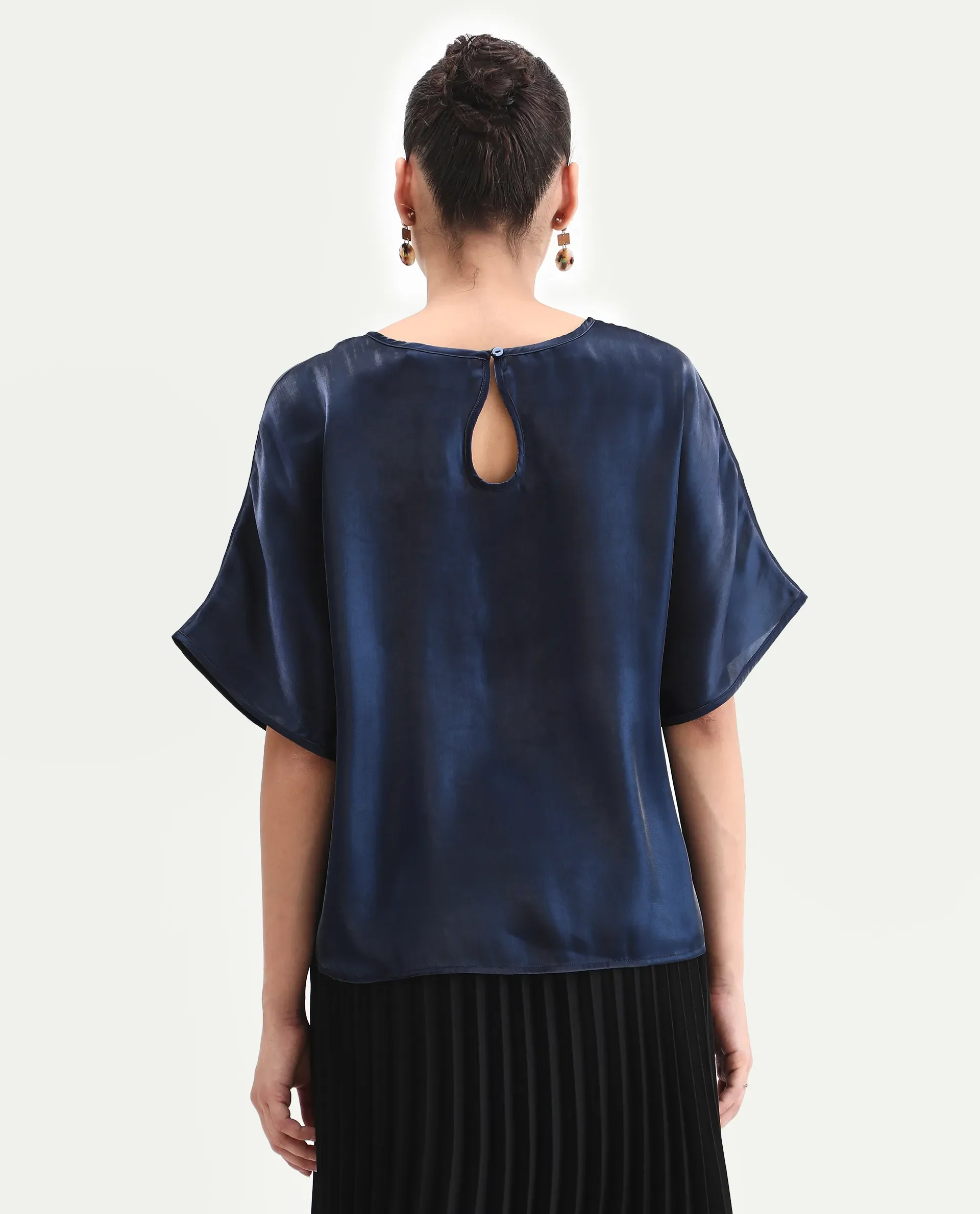 Rareism Women's Avili Navy Polyester Round Neck Boxy Fit Plain Top - Image 7