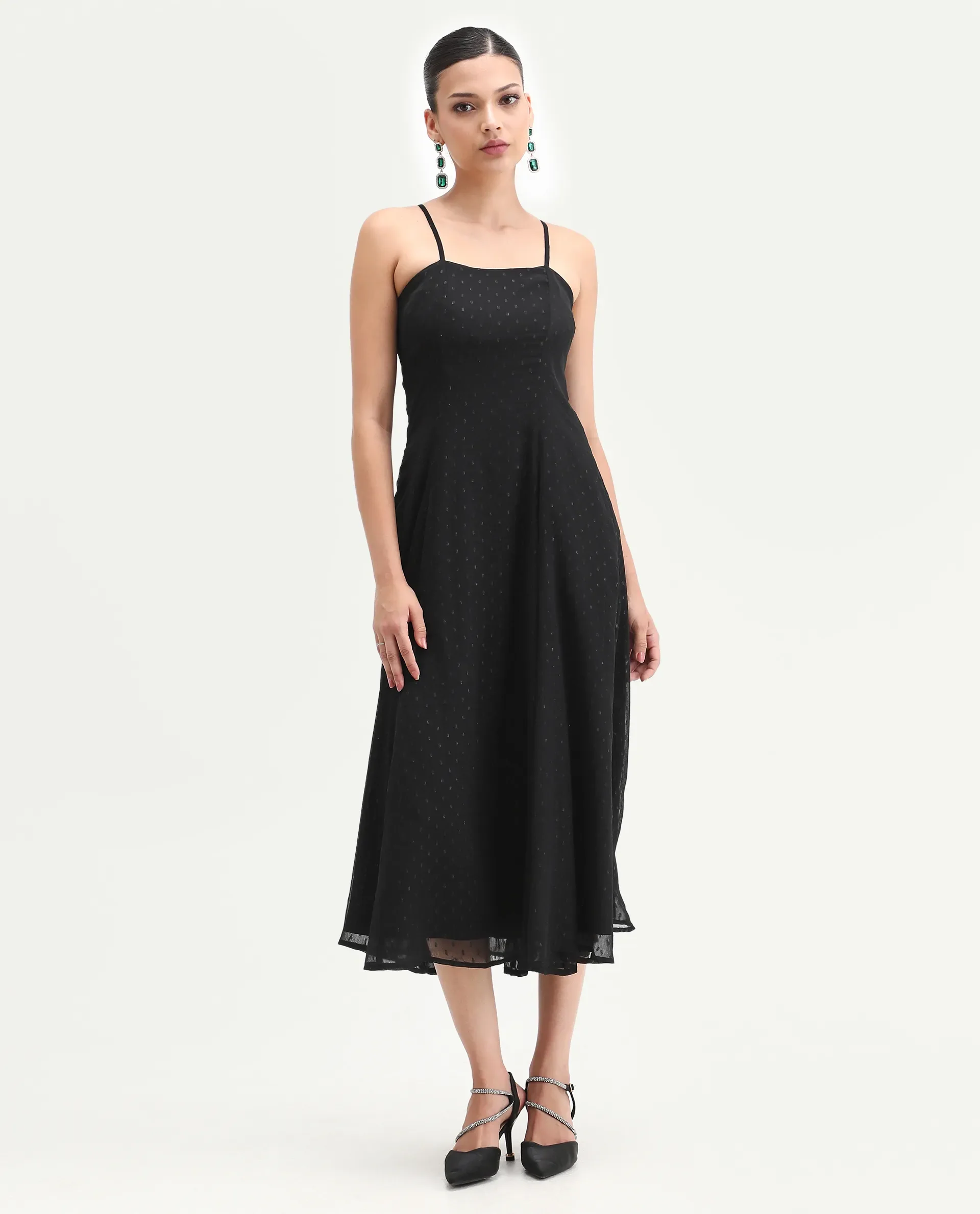 Rareism Women's Aviliz Black Polyester Shoulder Straps Fit And Flare Plain Dress
