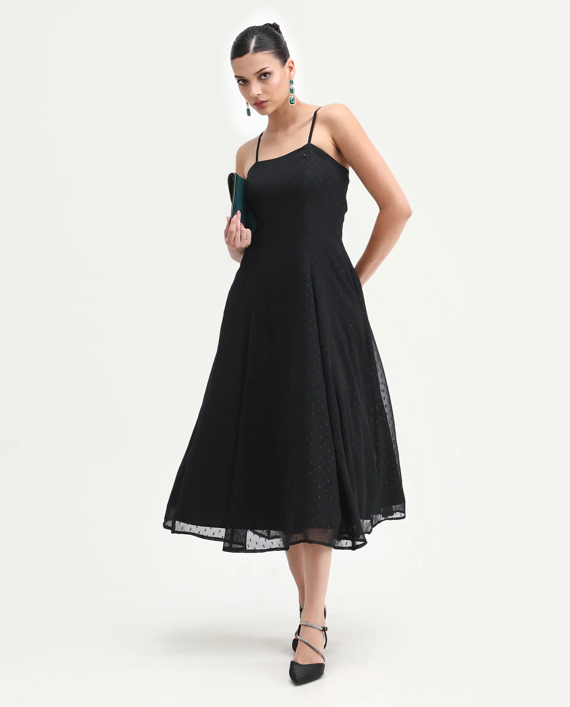 Rareism Women's Aviliz Black Polyester Shoulder Straps Fit And Flare Plain Dress - Image 2
