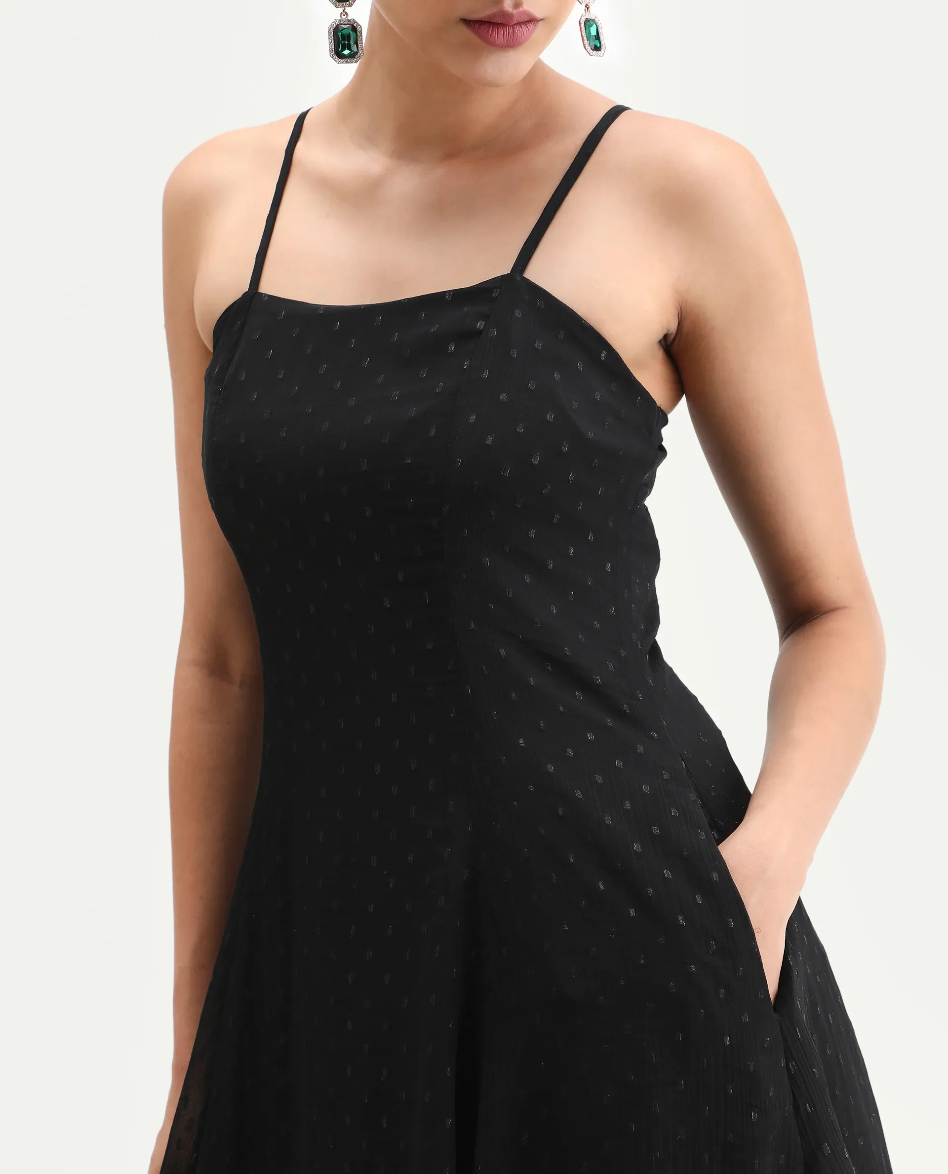 Rareism Women's Aviliz Black Polyester Shoulder Straps Fit And Flare Plain Dress - Image 3
