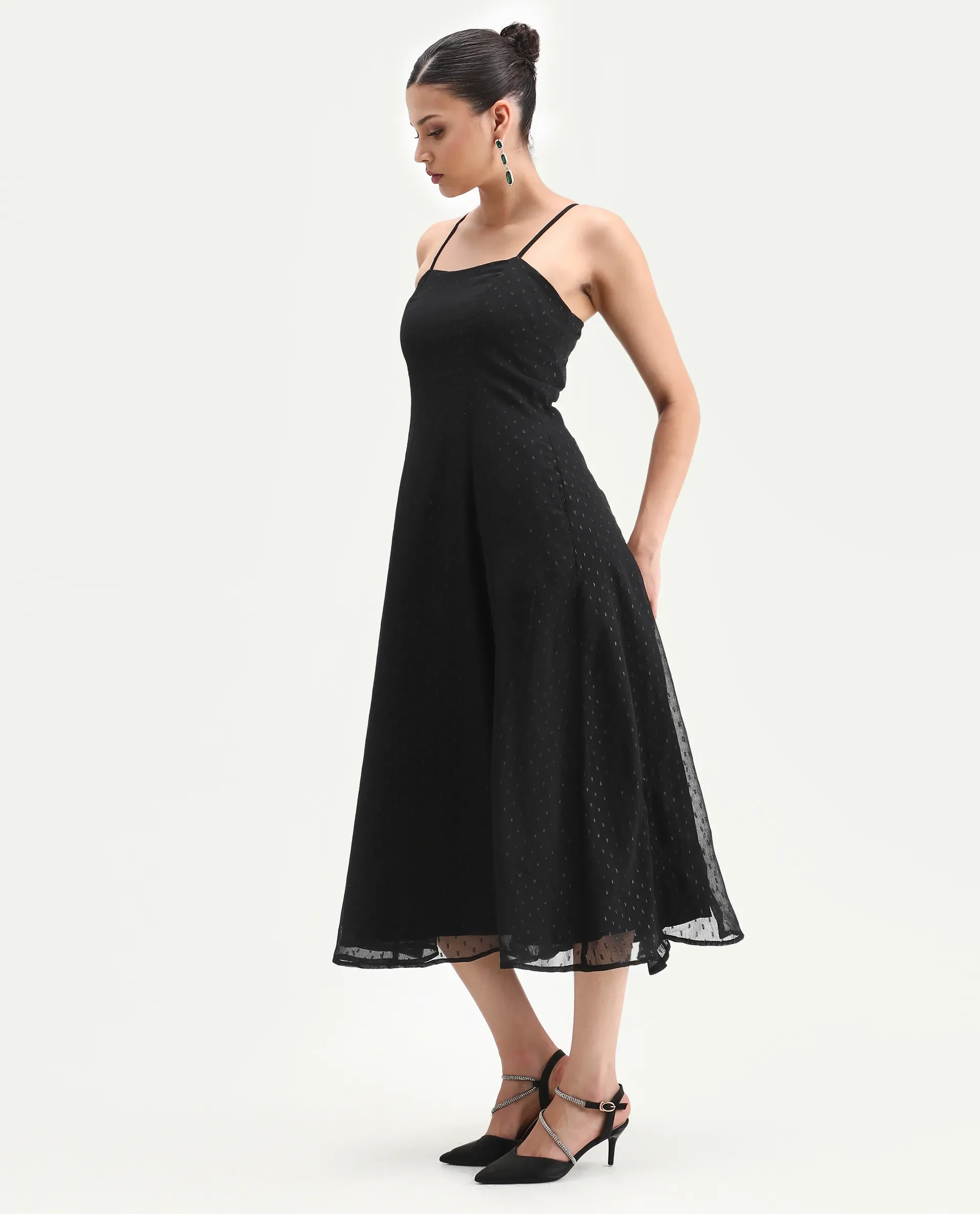 Rareism Women's Aviliz Black Polyester Shoulder Straps Fit And Flare Plain Dress - Image 4