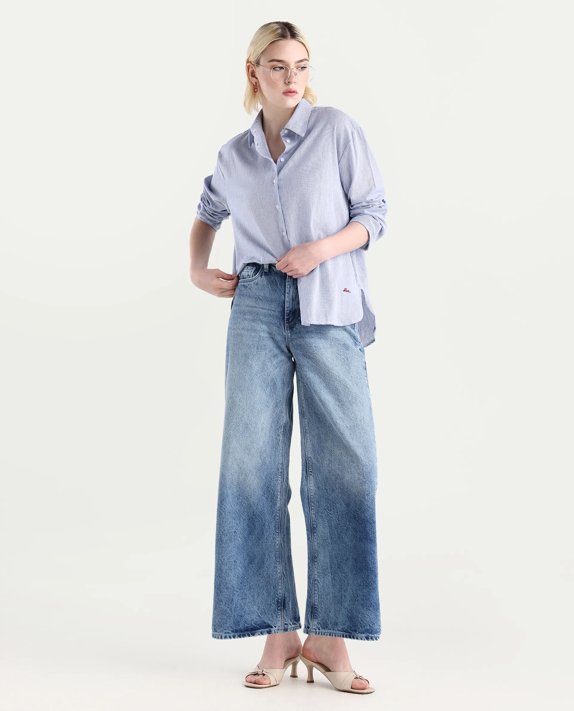 Rareism Women's Avilony Light Blue Cotton Spread Collar Boxy Fit Shirt - Image 2