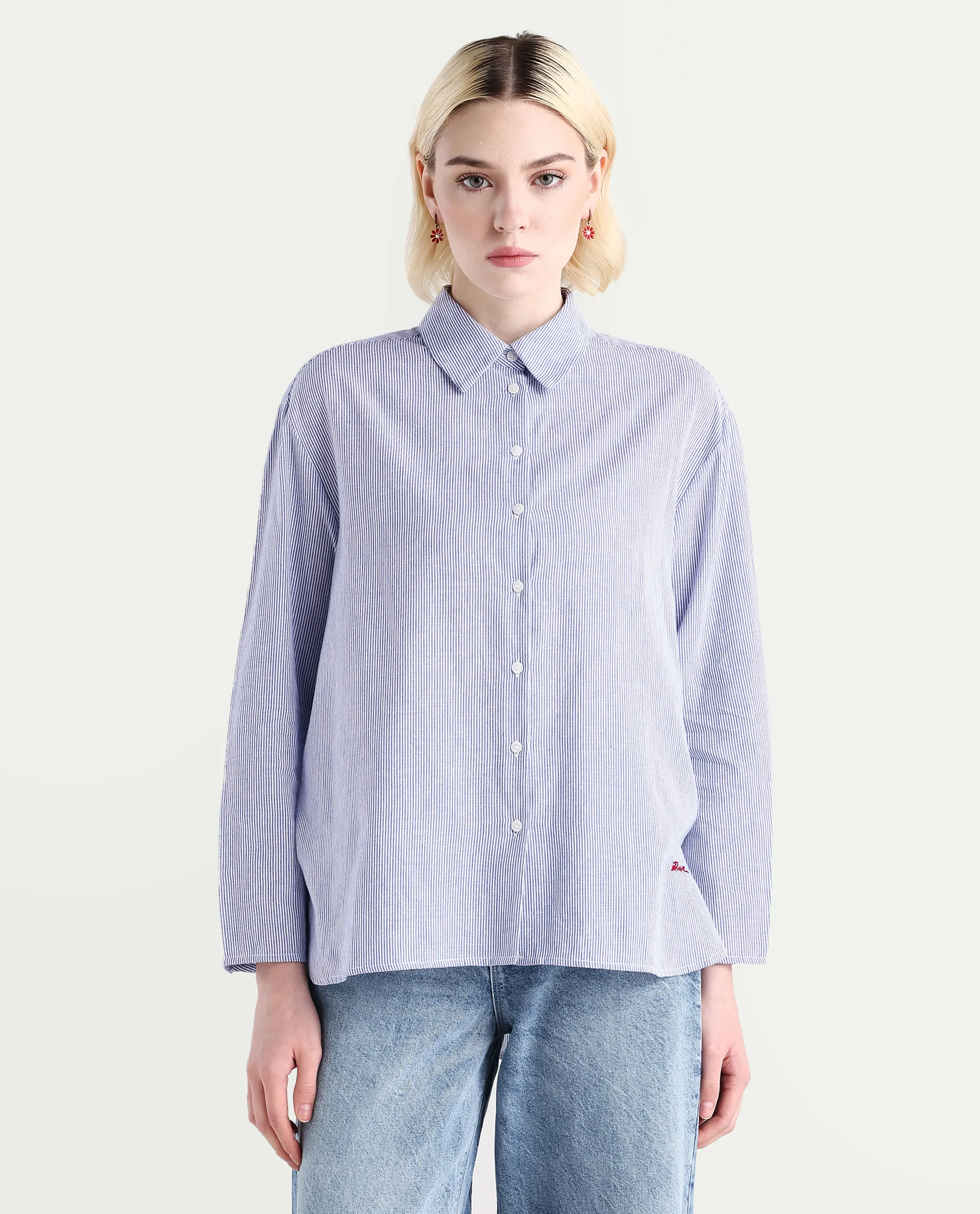 Rareism Women's Avilony Light Blue Cotton Spread Collar Boxy Fit Shirt - Image 3