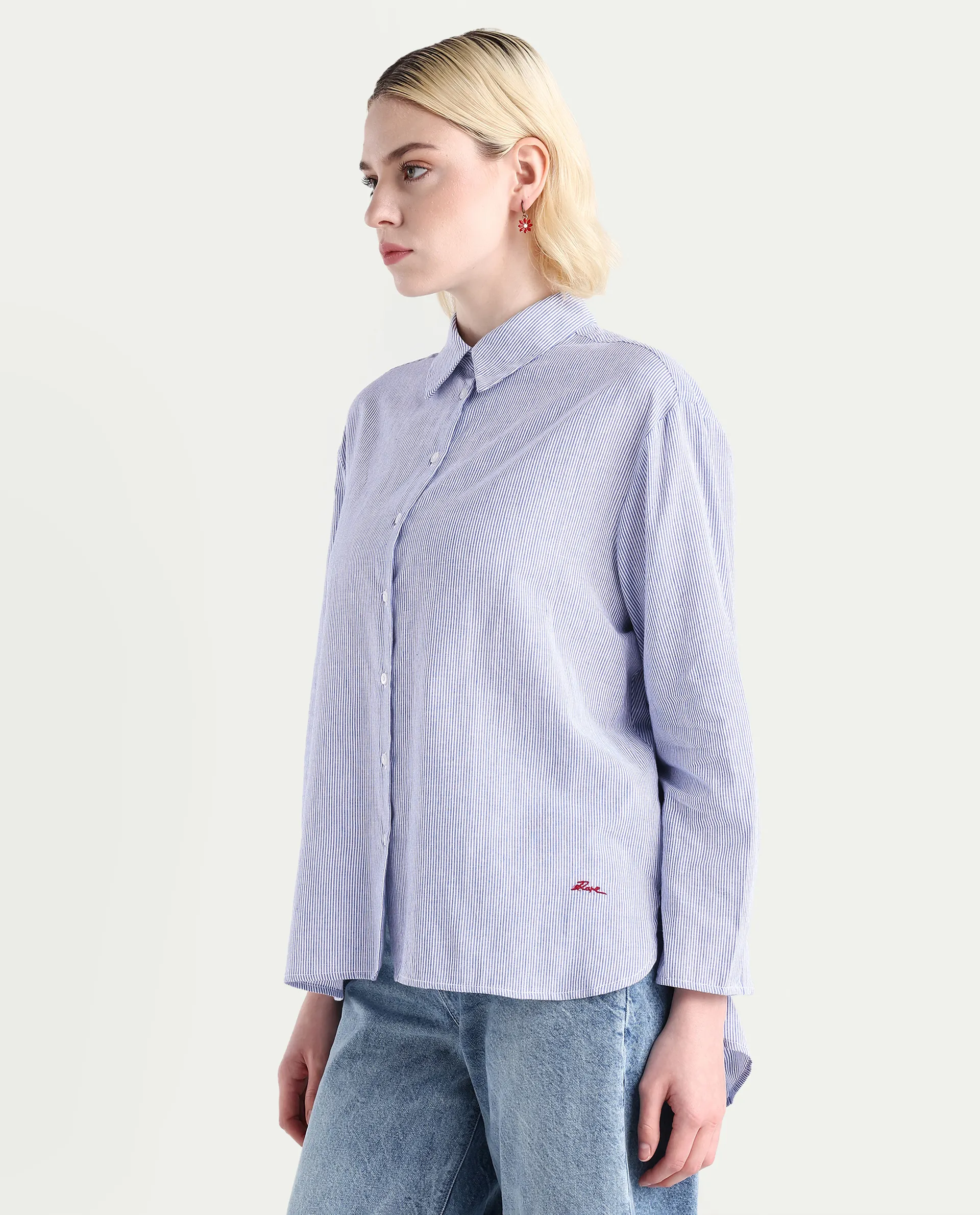 Rareism Women's Avilony Light Blue Cotton Spread Collar Boxy Fit Shirt - Image 5