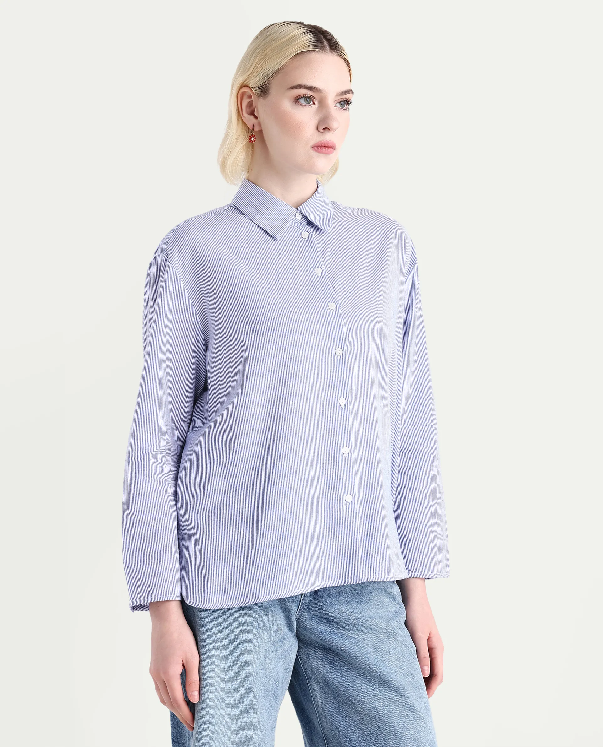Rareism Women's Avilony Light Blue Cotton Spread Collar Boxy Fit Shirt - Image 6
