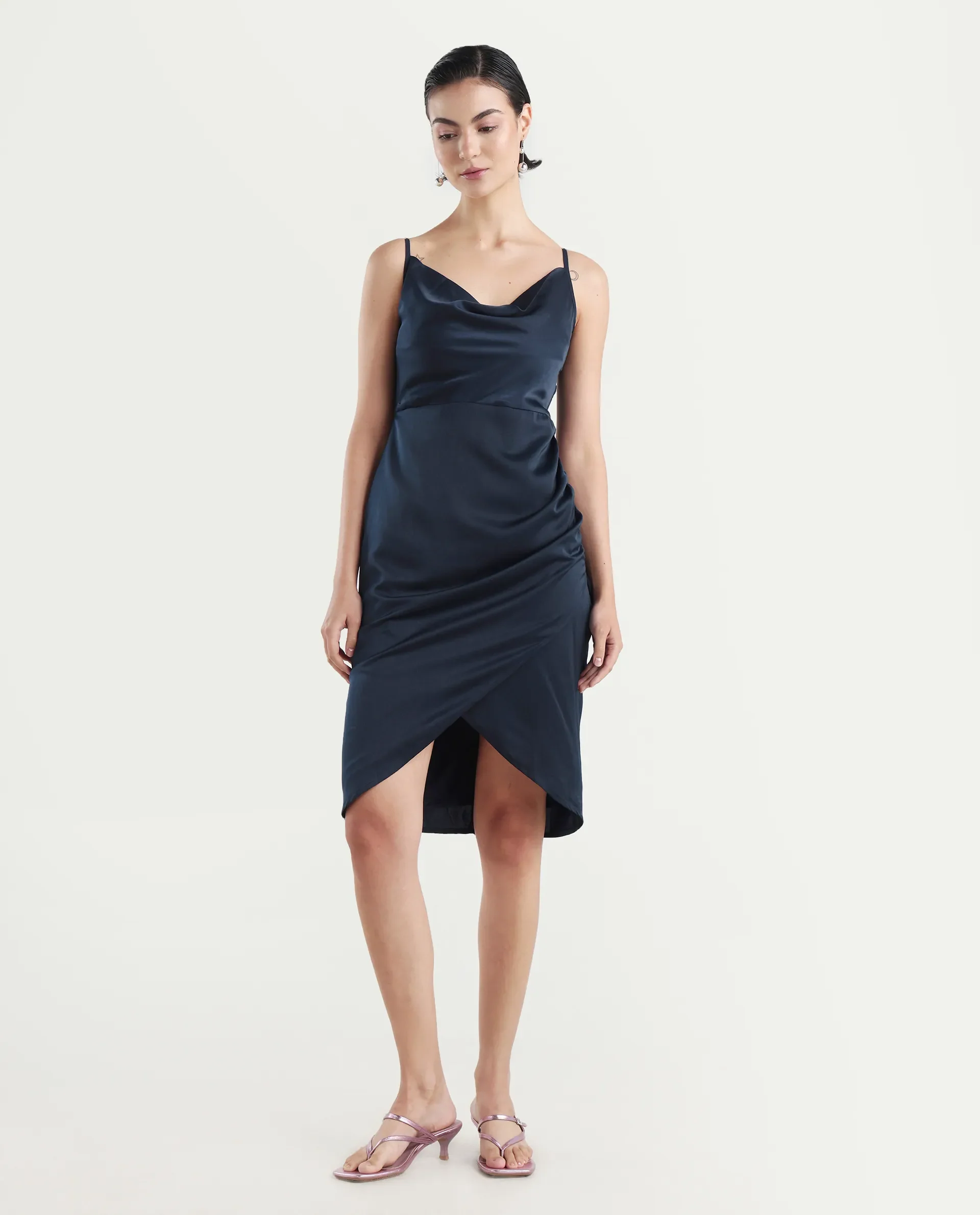 Rareism Women's Avilu Navy Polyester Shoulder Straps Fitted Plain Dress - Image 2